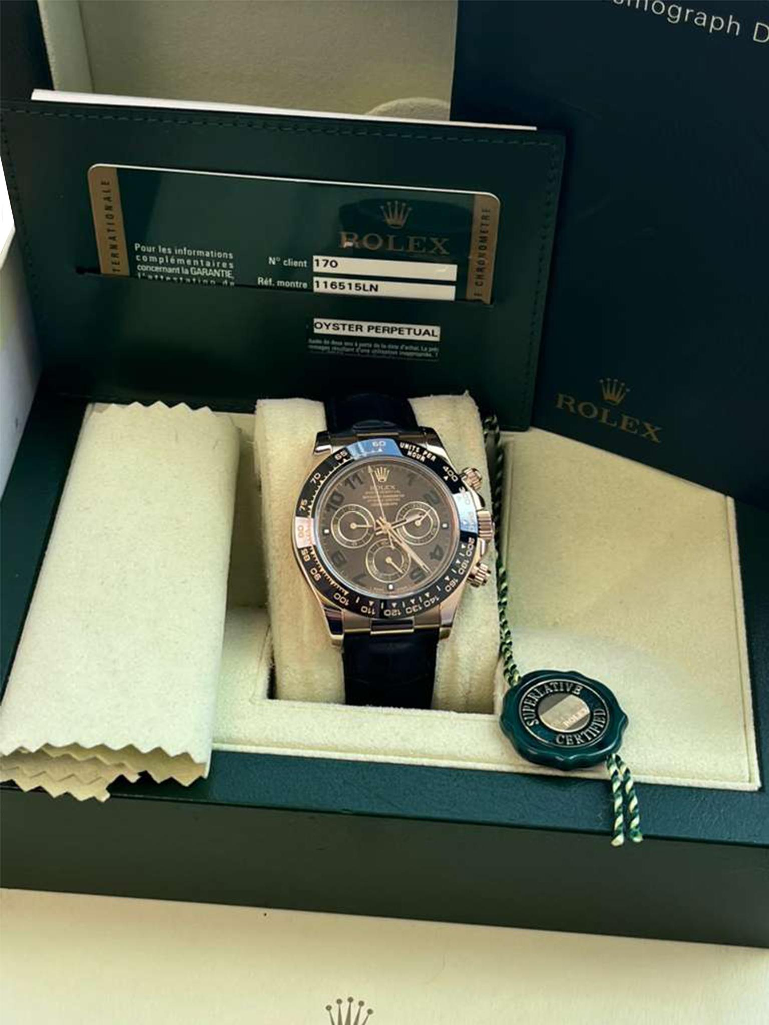Women's or Men's Rolex Daytona Cosmograph Ceramic Bezel Crocodile Strap Rose Gold Watch 116515LN For Sale