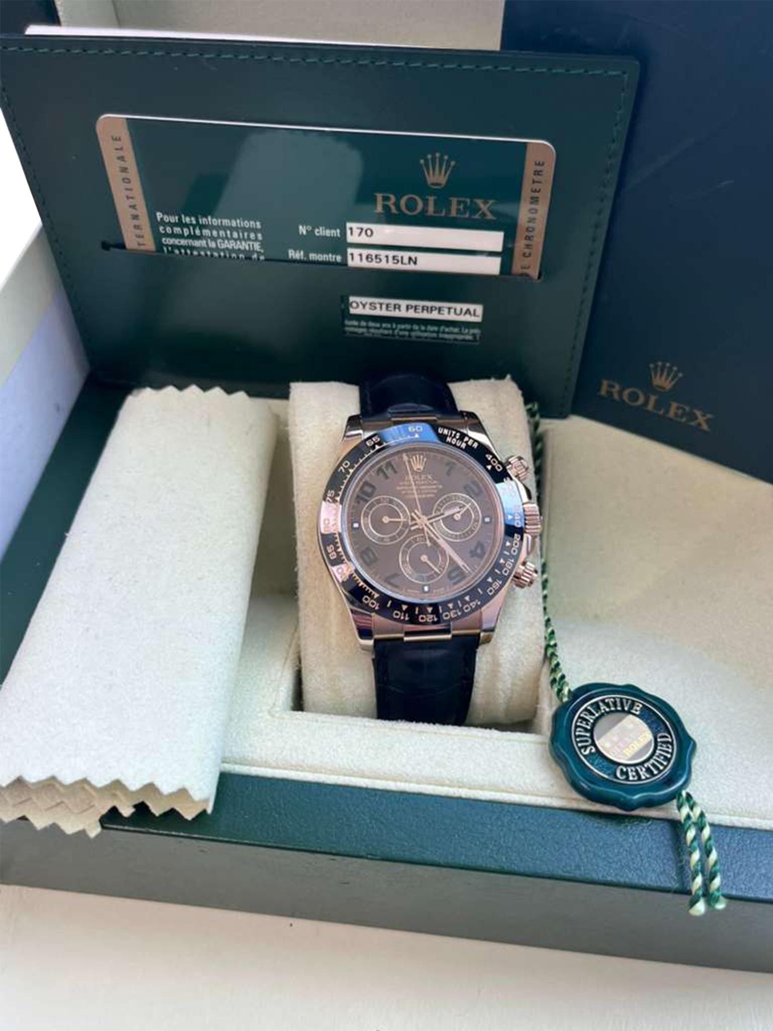 Rolex Daytona Cosmograph Ceramic Bezel Crocodile Strap Rose Gold Watch 116515LN For Sale 1