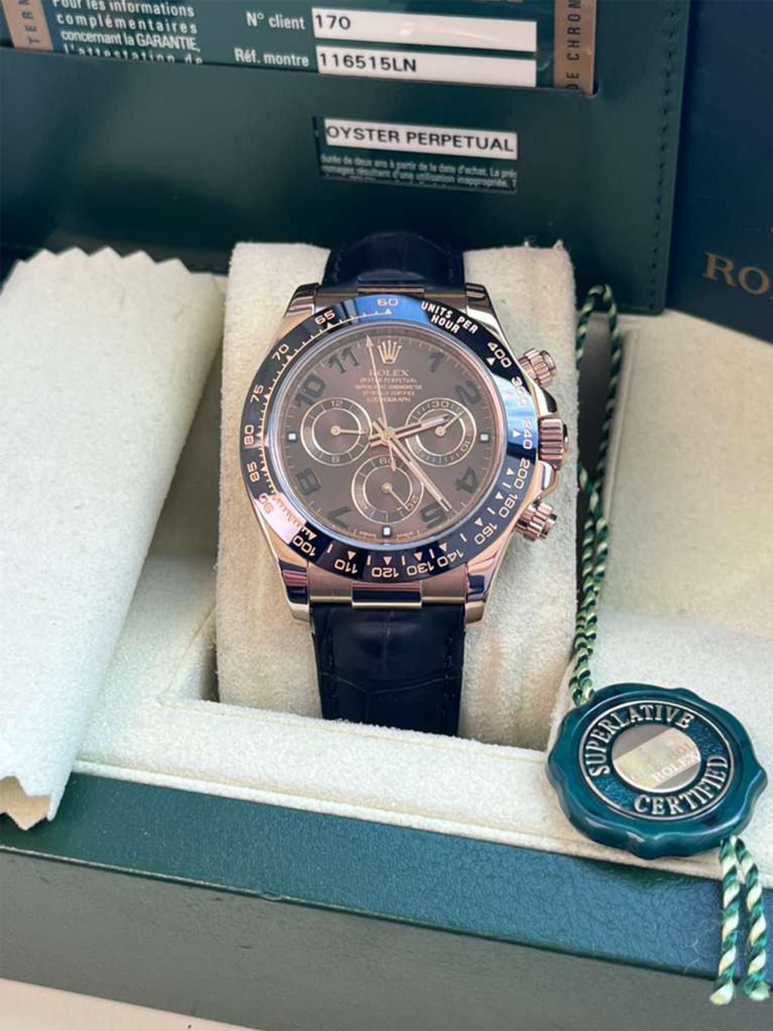Rolex Daytona Cosmograph Ceramic Bezel Crocodile Strap Rose Gold Watch 116515LN For Sale 2