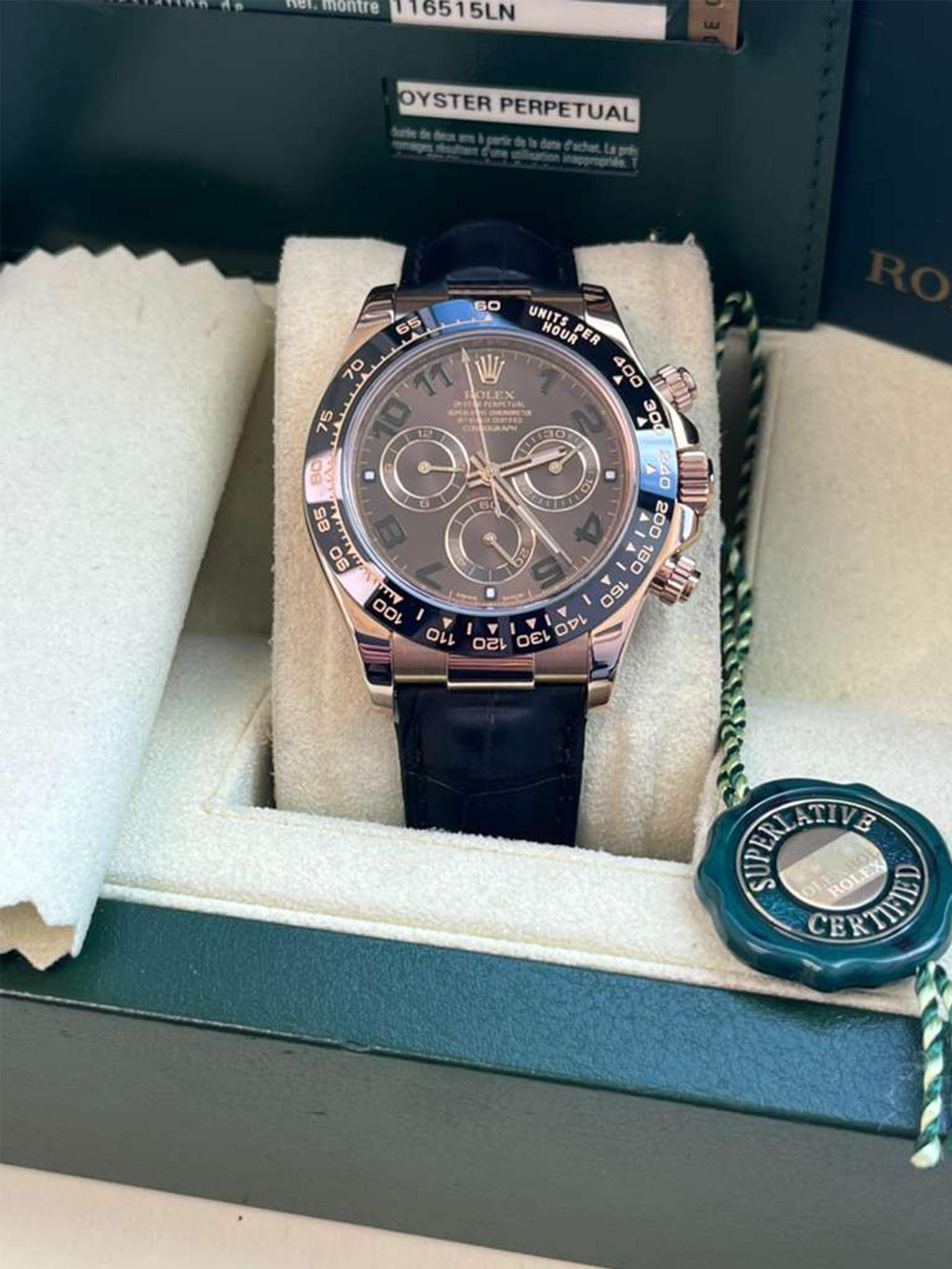 Rolex Daytona Cosmograph Ceramic Bezel Crocodile Strap Rose Gold Watch 116515LN For Sale 3