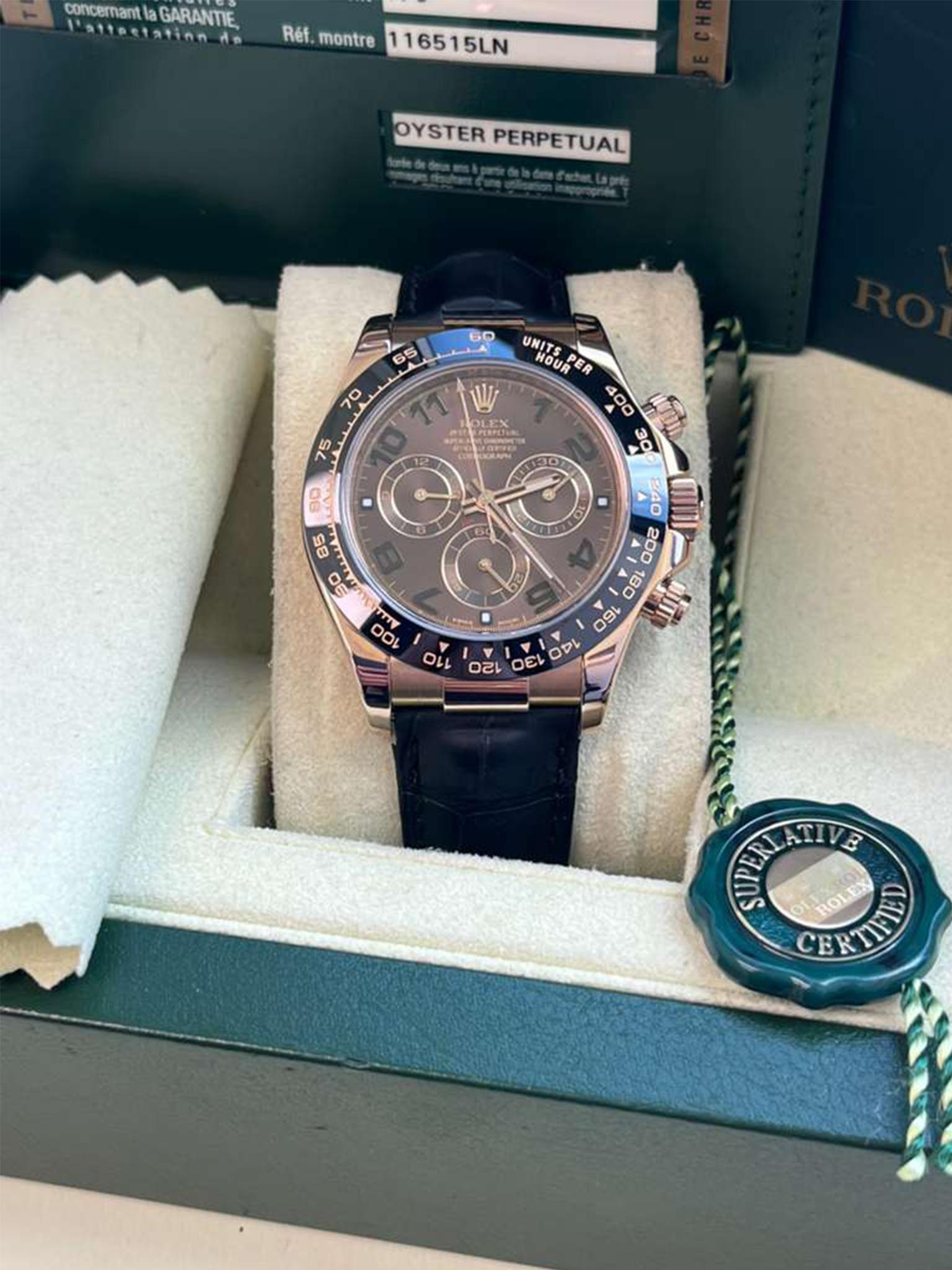Rolex Daytona Cosmograph Ceramic Bezel Crocodile Strap Rose Gold Watch 116515LN For Sale 4