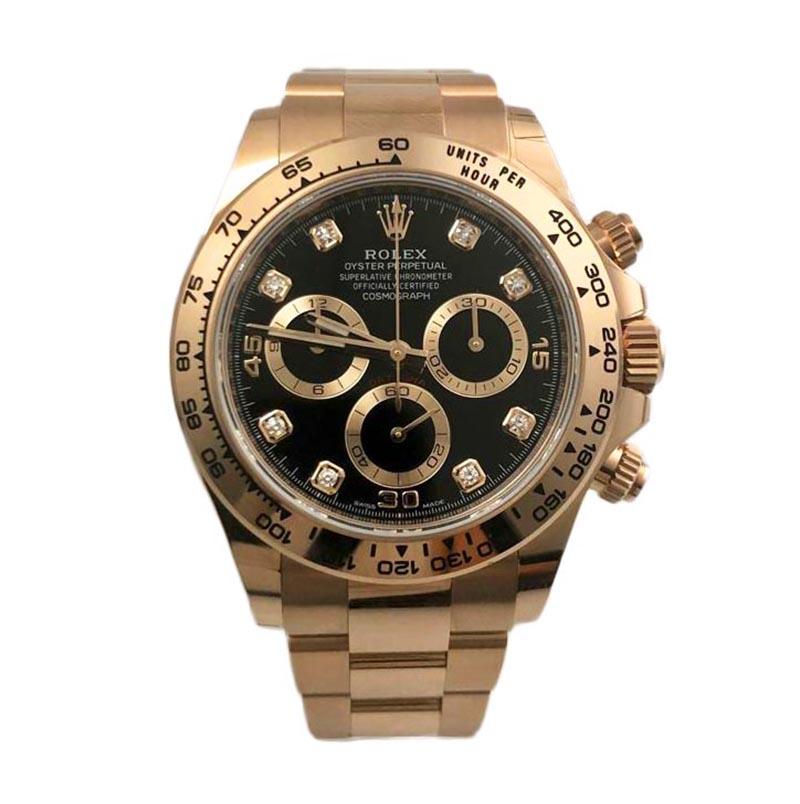 Brand: Rolex 

Model Name: Daytona Cosmograph with Diamond Black Dial

Model Number: 116505

Movement: Automatic

Case Size: 40 mm

Case Back: Closed 

Case Material:  18k Rose Gold 

Bezel: Engraved 18k Rose Gold   

Dial: Black with full brilliant