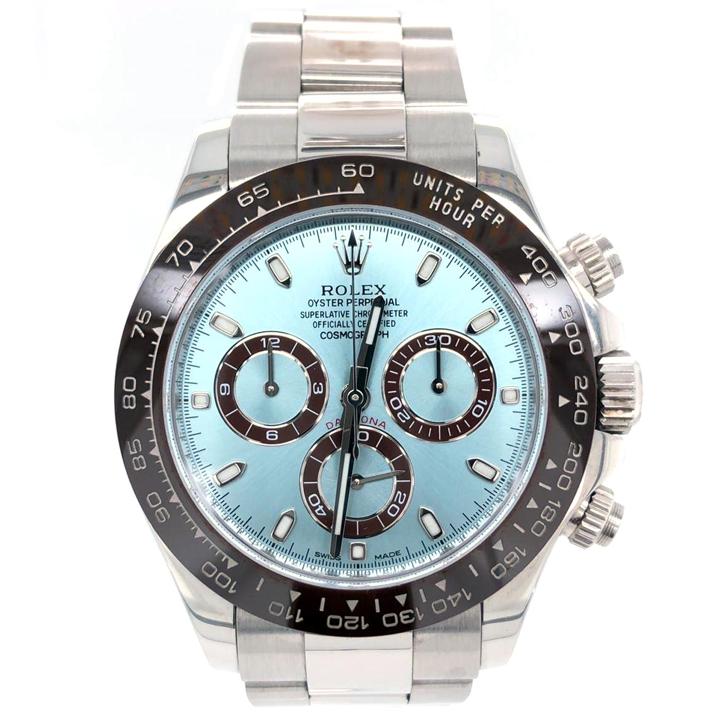 This oyster perpetual Cosmograph Daytona in platinum with an ice-blue dial and an oyster bracelet features a chestnut brown cerachrom bezel with a tachymetric scale. This chronograph was designed to be the ultimate timing tool for endurance racing