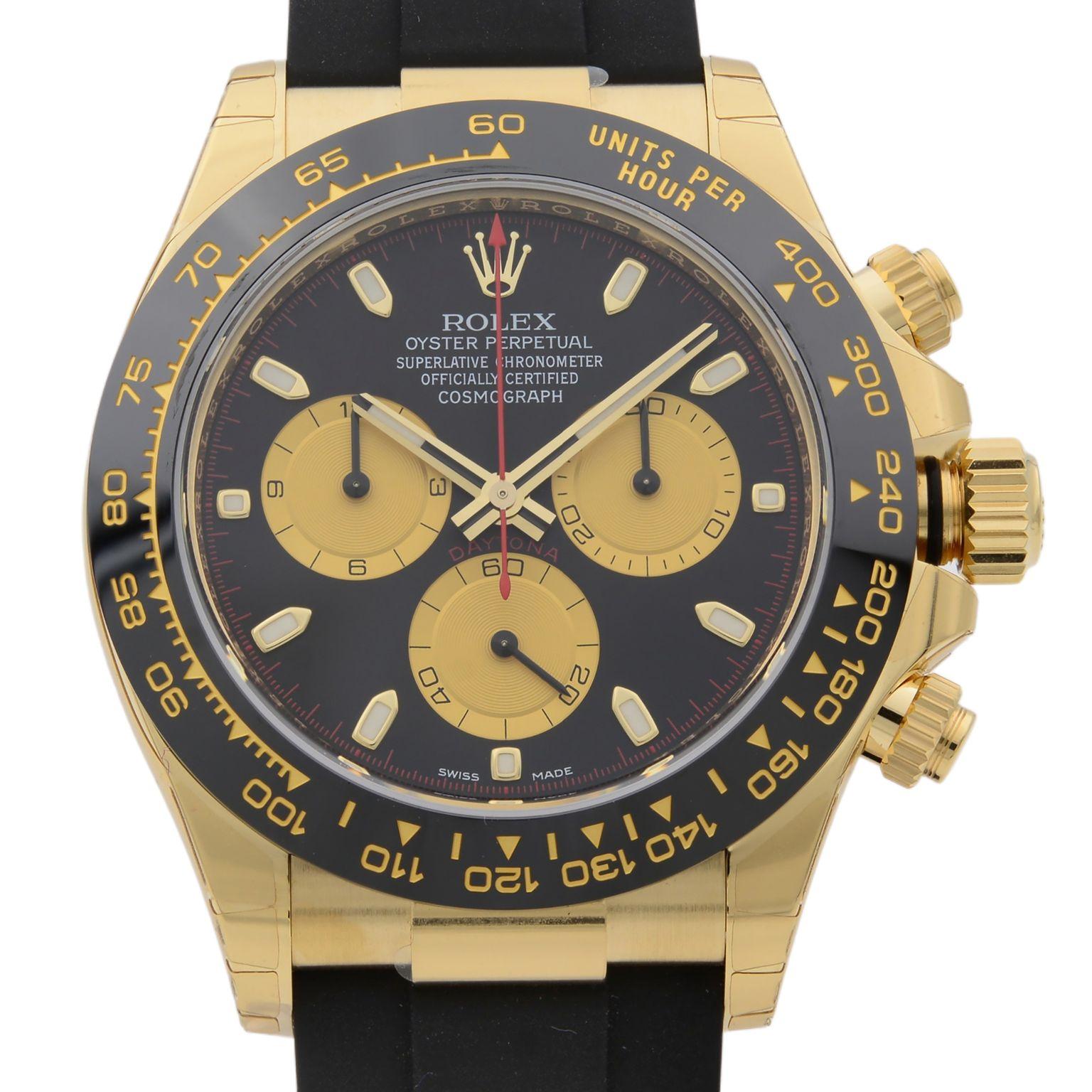 This brand new Rolex Daytona 116518BKCSR is a beautiful men's timepiece that is powered by mechanical (automatic) movement which is cased in a yellow gold case. It has a round shape face, chronograph, chronograph hand, small seconds subdial dial and