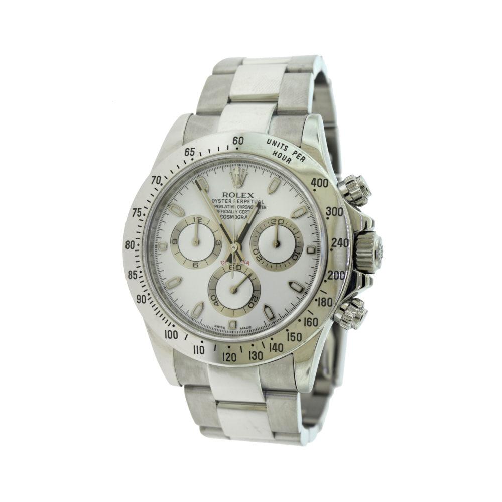 Brand: Rolex

Model Name: Daytona

Model No.: 116520

Movement: Automatic 4130 Calibre

Case Size: 40 mm

Jewels: 44

Dial Color: White

Hour Markers: Silver Tone Hands w/ Minute Markers on Outer Rim

Crystal: Scratch Resistant Sapphire

Bezel: