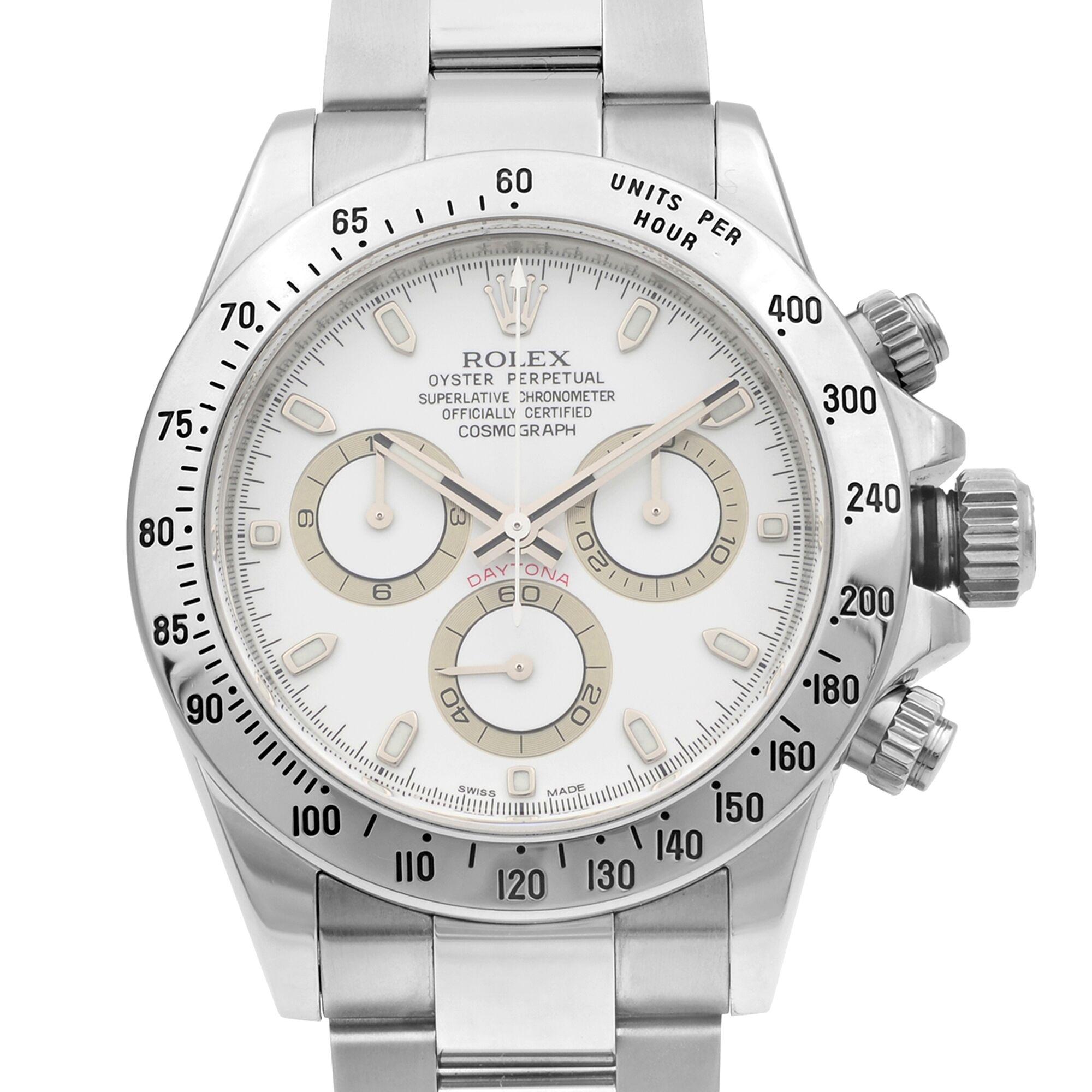 This pre-owned Rolex Daytona  116520  is a beautiful men's timepiece that is powered by mechanical (automatic) movement which is cased in a stainless steel case. It has a round shape face, chronograph, small seconds subdial, tachymeter dial and has