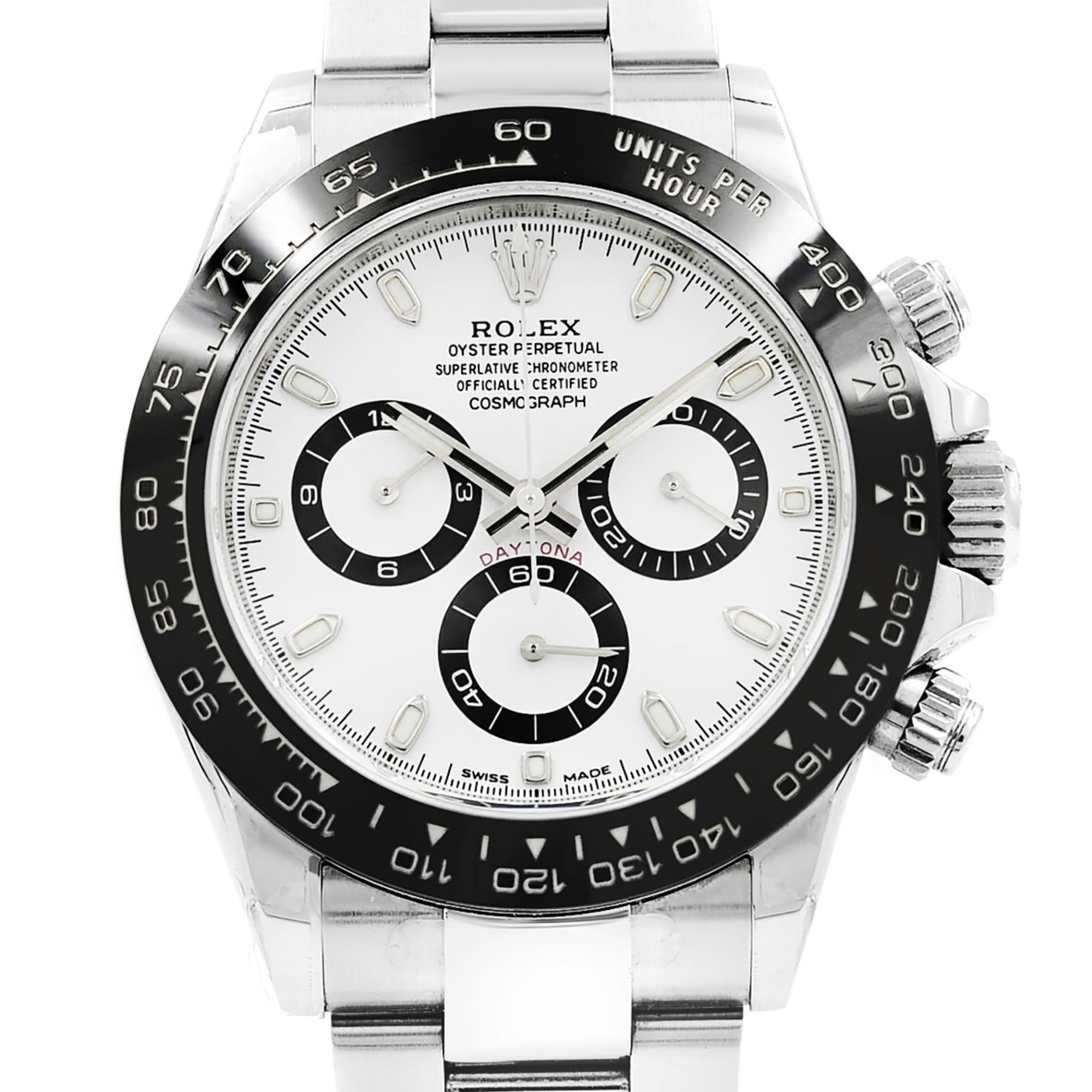 This brand new Rolex Cosmograph Daytona  116500LN  is a beautiful men's timepiece that is powered by mechanical (automatic) movement which is cased in a stainless steel case. It has a round shape face, chronograph, small seconds subdial, tachymeter