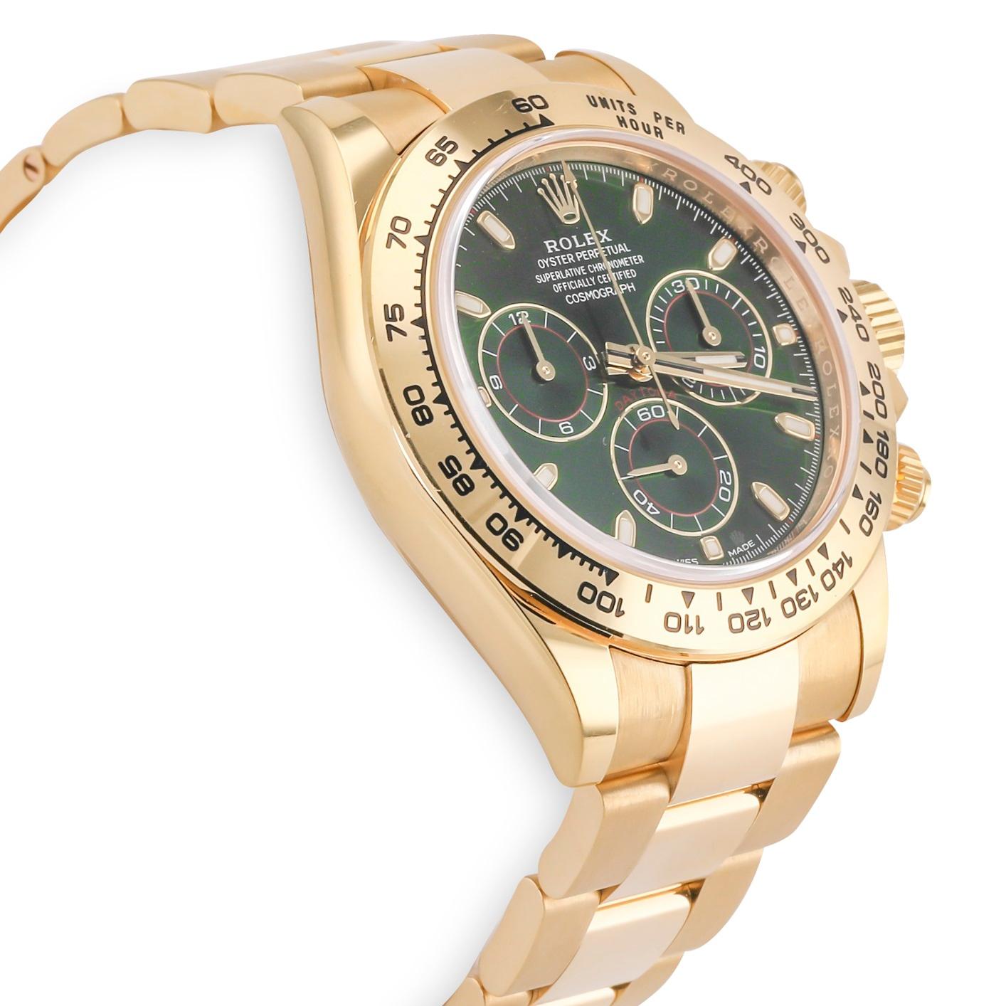 Rolex Daytona Yellow Gold (116508)
18K Yellow Gold Case & bezel
Reference Number:  116508
Self-winding mechanical chronograph movement, Calibre 4130
Scratch resistant sapphire crystal
Dial: Green
Functions:  Chronograph, center hour, minute and