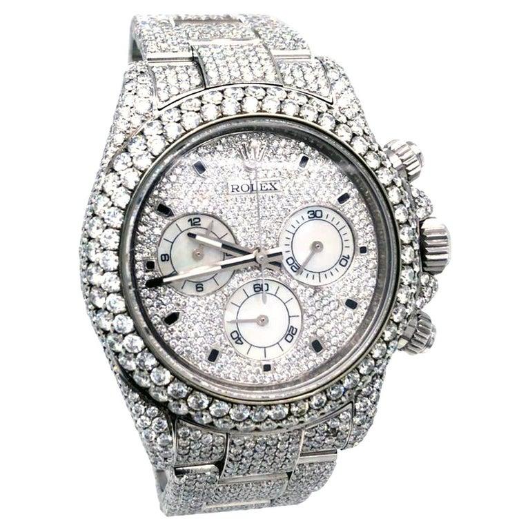 Women's or Men's Rolex Daytona Custom Mother of Pearl Diamond Pave Dial Steel Watch 116520 For Sale