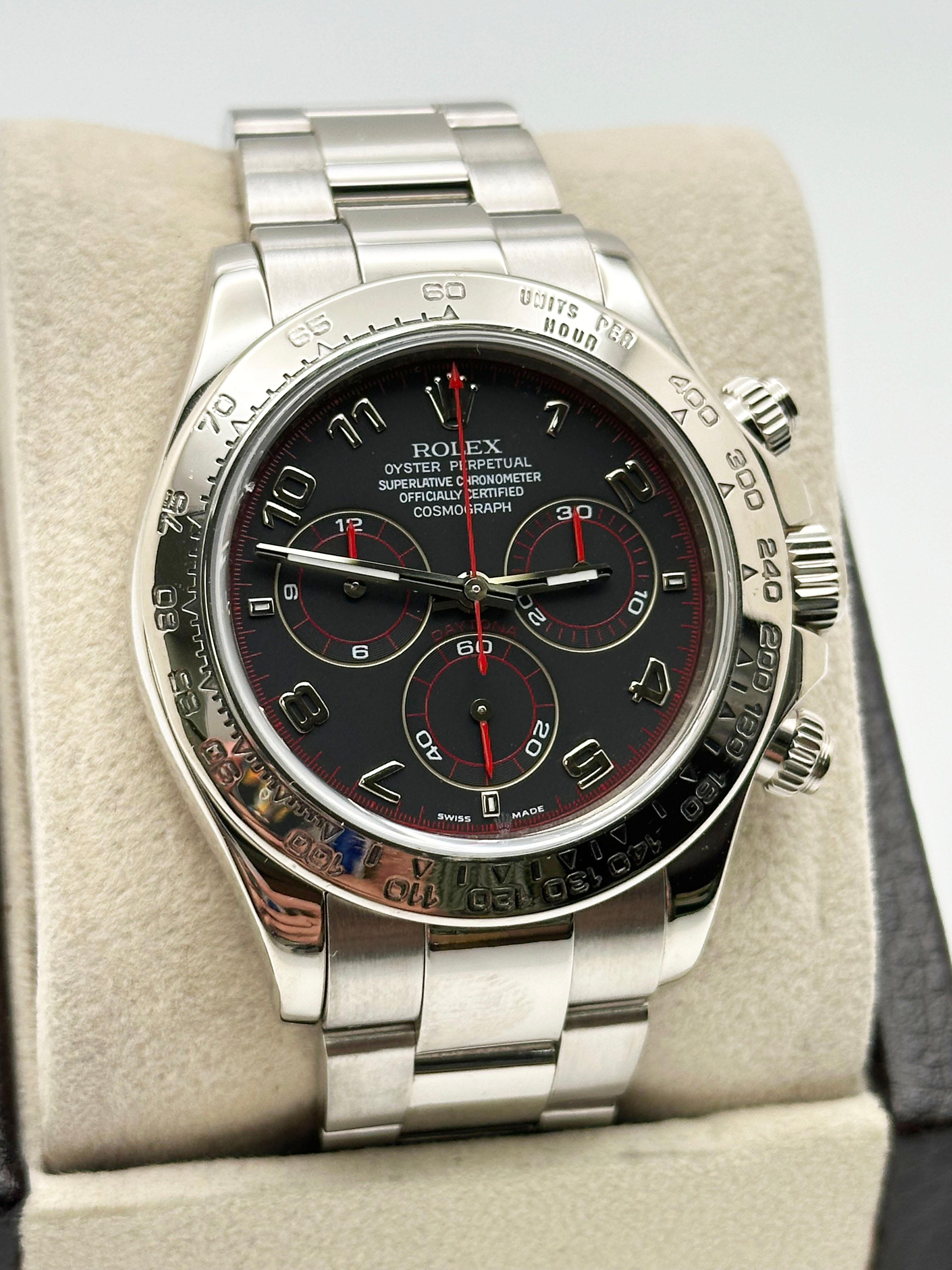 Style Number: 116509



Serial: Z047***



Year: 2006

 

Model: Rolex Daytona 

 

Case Material: 18K White Gold 

 

Band: 18K White Gold 

  

Bezel: 18K White Gold 

  

Dial: Black and Red 'Diablo' Racing Dial 

 

Face: Sapphire Crystal 

