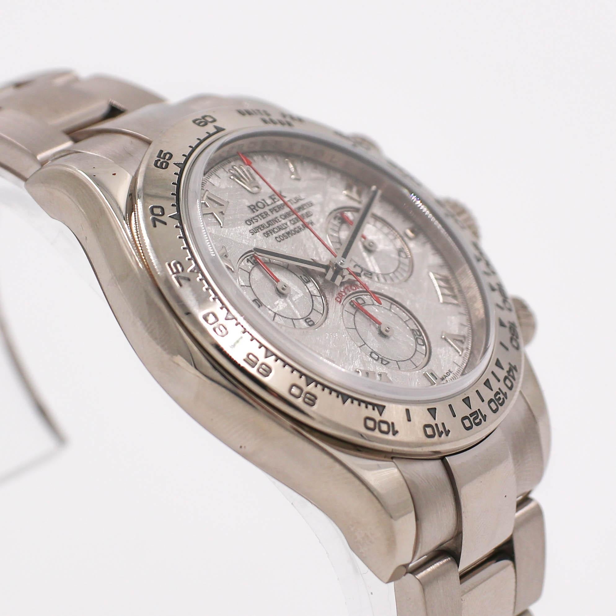 Extremely rare and captivating, the Rolex Meteorite Daytona Dial 116509 pairs an 18k white gold case and bracelet with an authentic meteorite dial.
Rolex Daytona meteorite dial 40mm Oyster case crafted from solid 18k white gold, waterproof up to