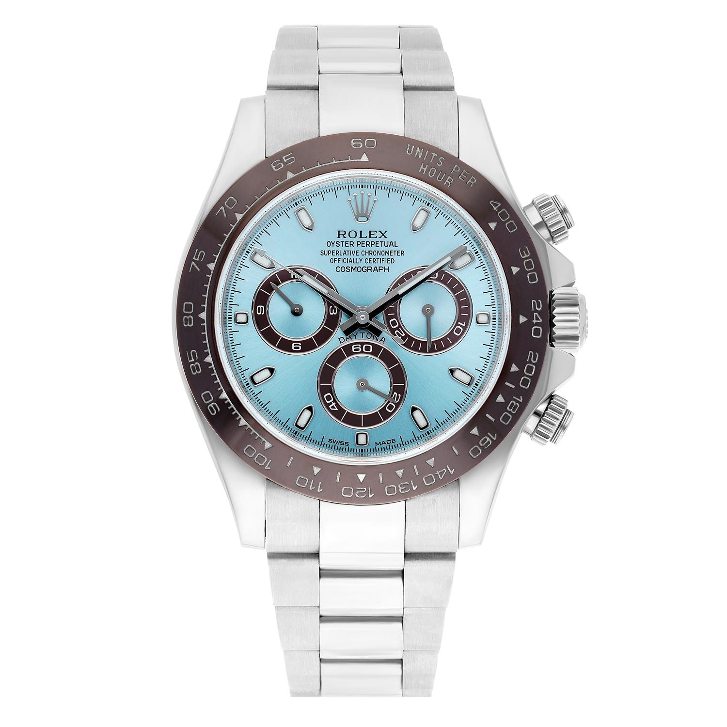 This Rolex Cosmograph Daytona wristwatch is a luxurious and sporty accessory perfect for men who appreciate high-end timepieces. Made of platinum, the watch features a silver case color, fixed bezel type with tachymeter, and a blue glacier dial