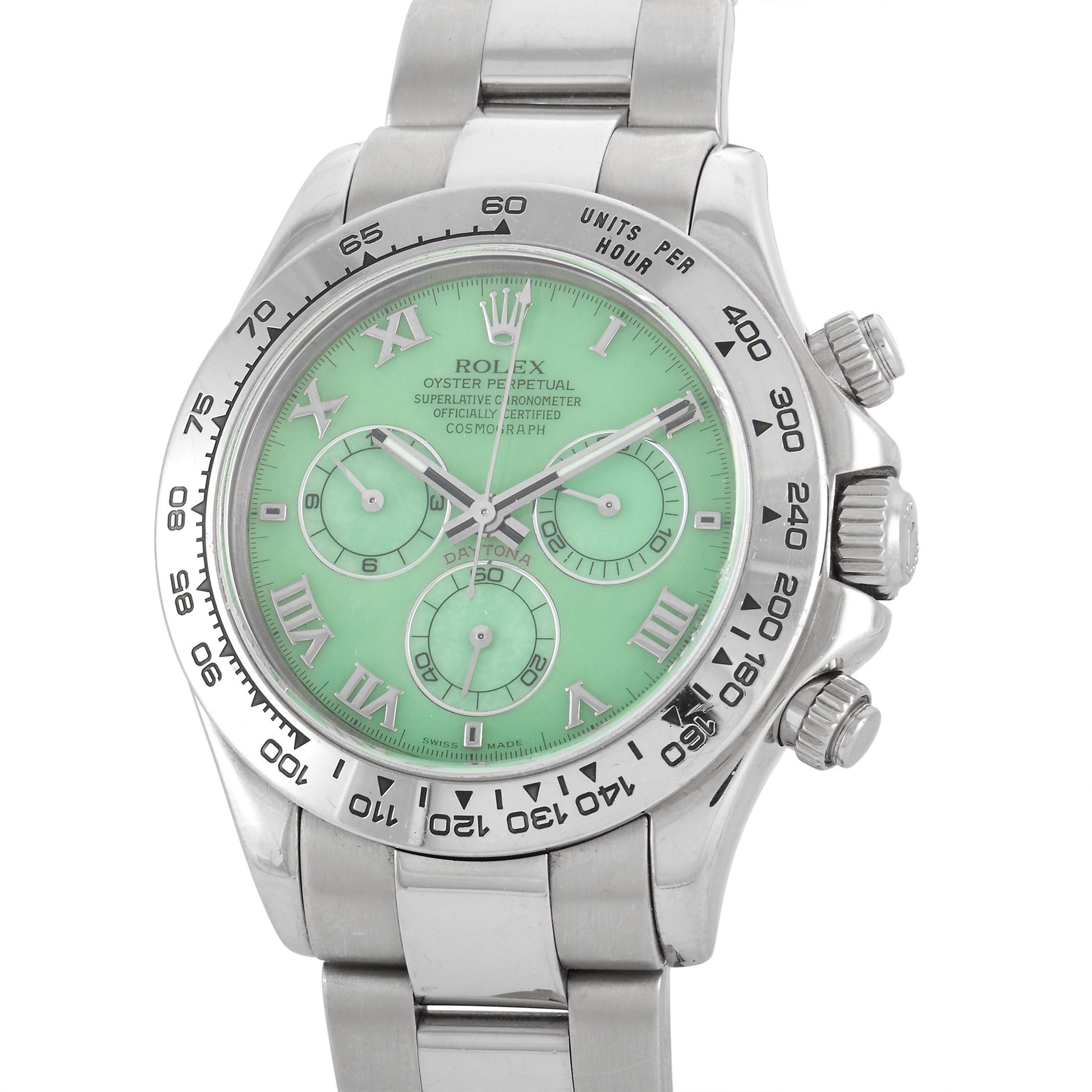 The Rolex Daytona Green Chalcedony Beach Watch, reference number 116509, is a rare iteration of one of the brand’s most impeccable designs.

This striking watch begins with a 40mm case and bracelet made from 18K white gold. The beauty of this piece