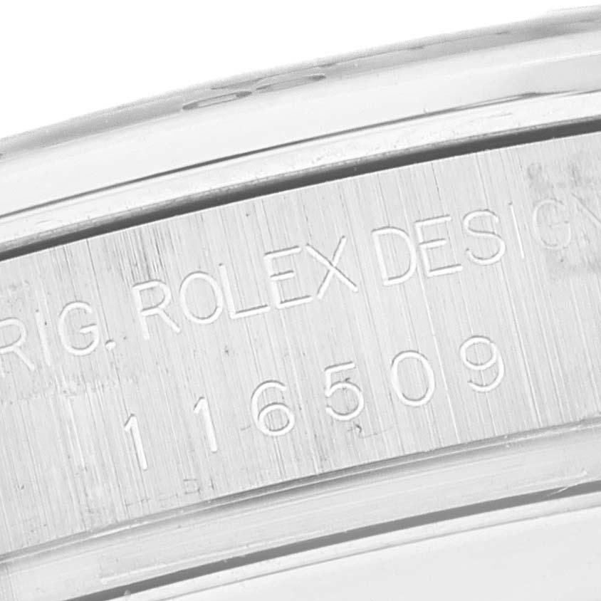 Rolex Daytona Grey Dial White Gold Chronograph Mens Watch 116509. Officially certified chronometer self-winding movement. Rhodium-plated, 44 jewels, straight line lever escapement, monometallic balance adjusted to temperatures and 5 positions, shock