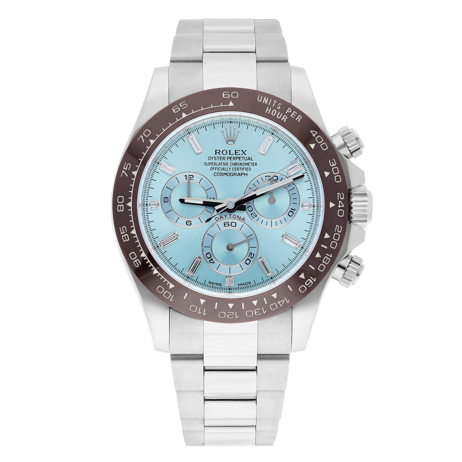 Rolex Daytona Eisblaue Baguette-Diamant-Zifferblatt 40mm Platin-Uhr 116506 komplett

Dieser Cosmograph Daytona 116506 aus massivem Platin ist neuwertig und verfügt über ein wunderschönes und fantastisch seltenes eisblaues