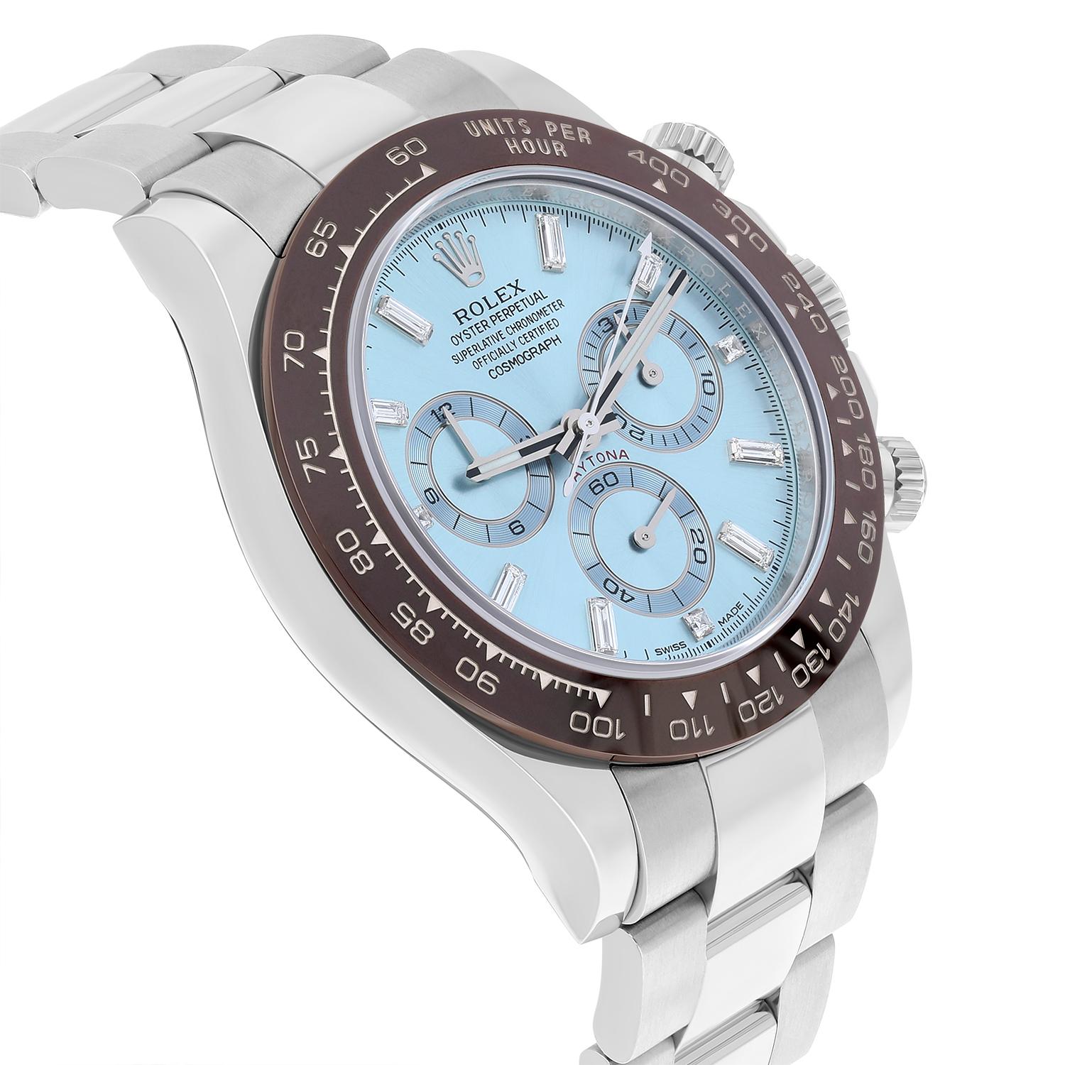 Rolex Daytona Eisblaue Baguette-Diamant-Zifferblatt 40mm Platin-Uhr 116506 komplett (Moderne)