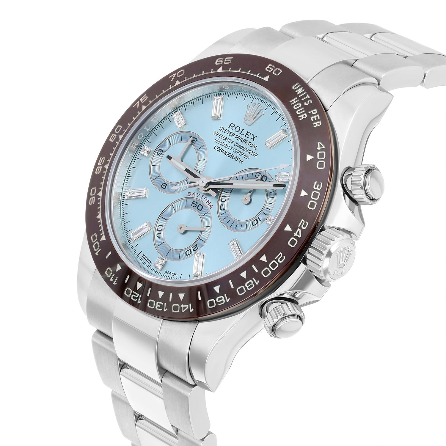 Rolex Daytona Eisblaue Baguette-Diamant-Zifferblatt 40mm Platin-Uhr 116506 komplett Herren