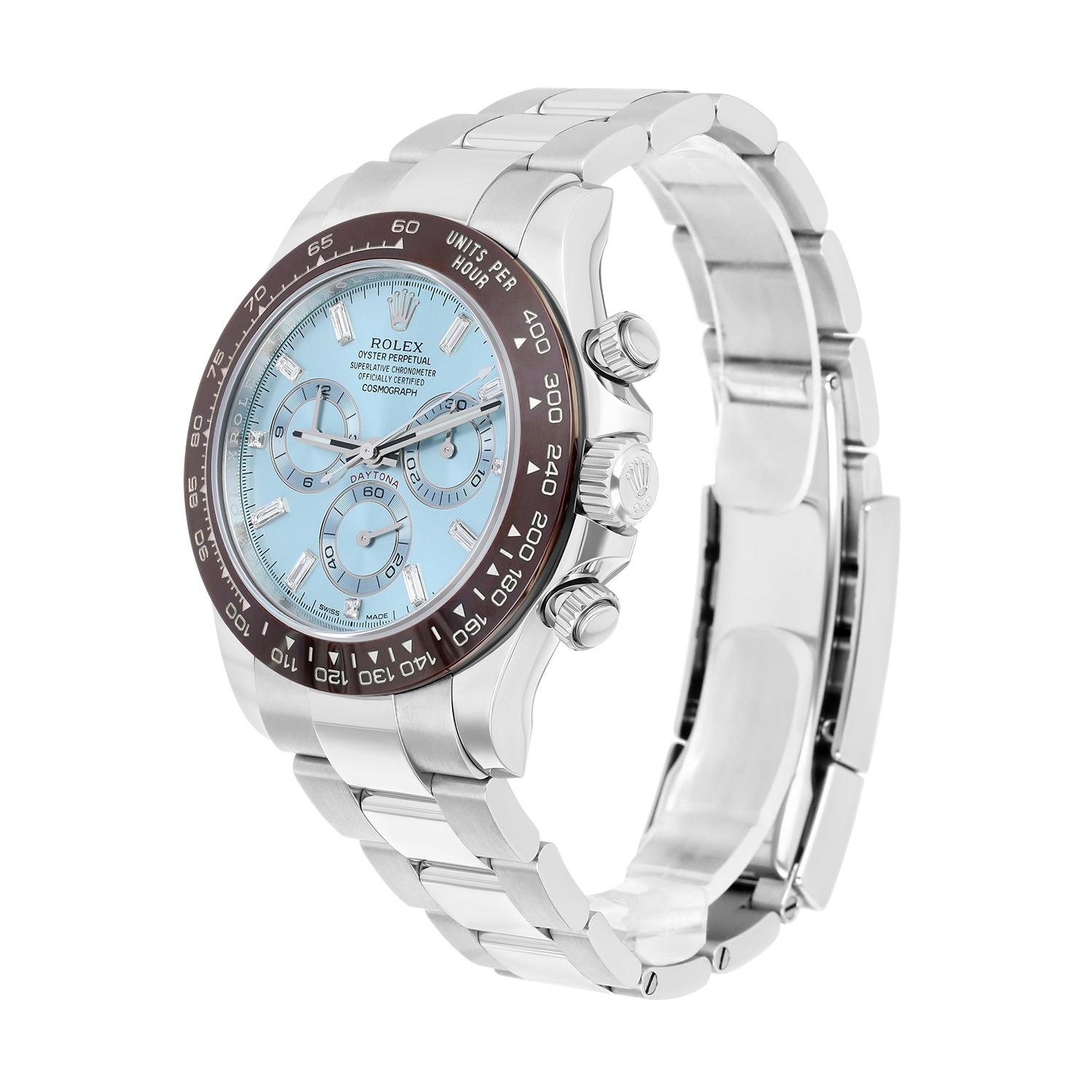 Rolex Daytona Eisblaue Baguette-Diamant-Zifferblatt 40mm Platin-Uhr 116506 komplett 1