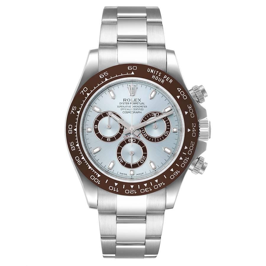 Rolex Daytona Ice Blue Dial Platinum Chronograph Mens Watch 116506 Box Card. Officially certified chronometer self-winding movement. Rhodium-plated, 44 jewels, straight line lever escapement, monometallic balance adjusted to temperatures and 5