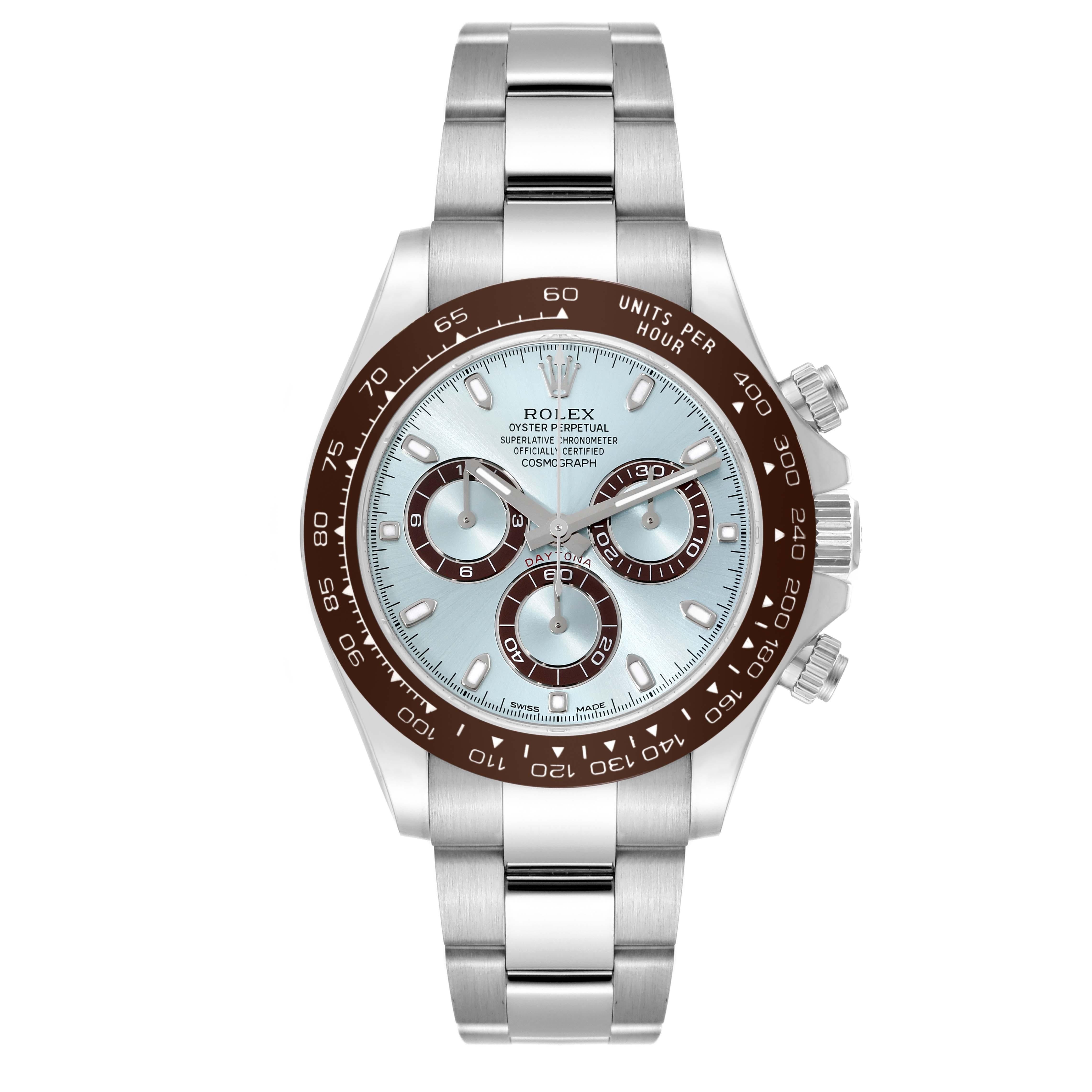 Rolex Daytona Ice Blue Dial Platinum Chronograph Mens Watch 116506 Box Card. Officially certified chronometer automatic self-winding movement. Rhodium-plated, 44 jewels, straight line lever escapement, monometallic balance adjusted to temperatures