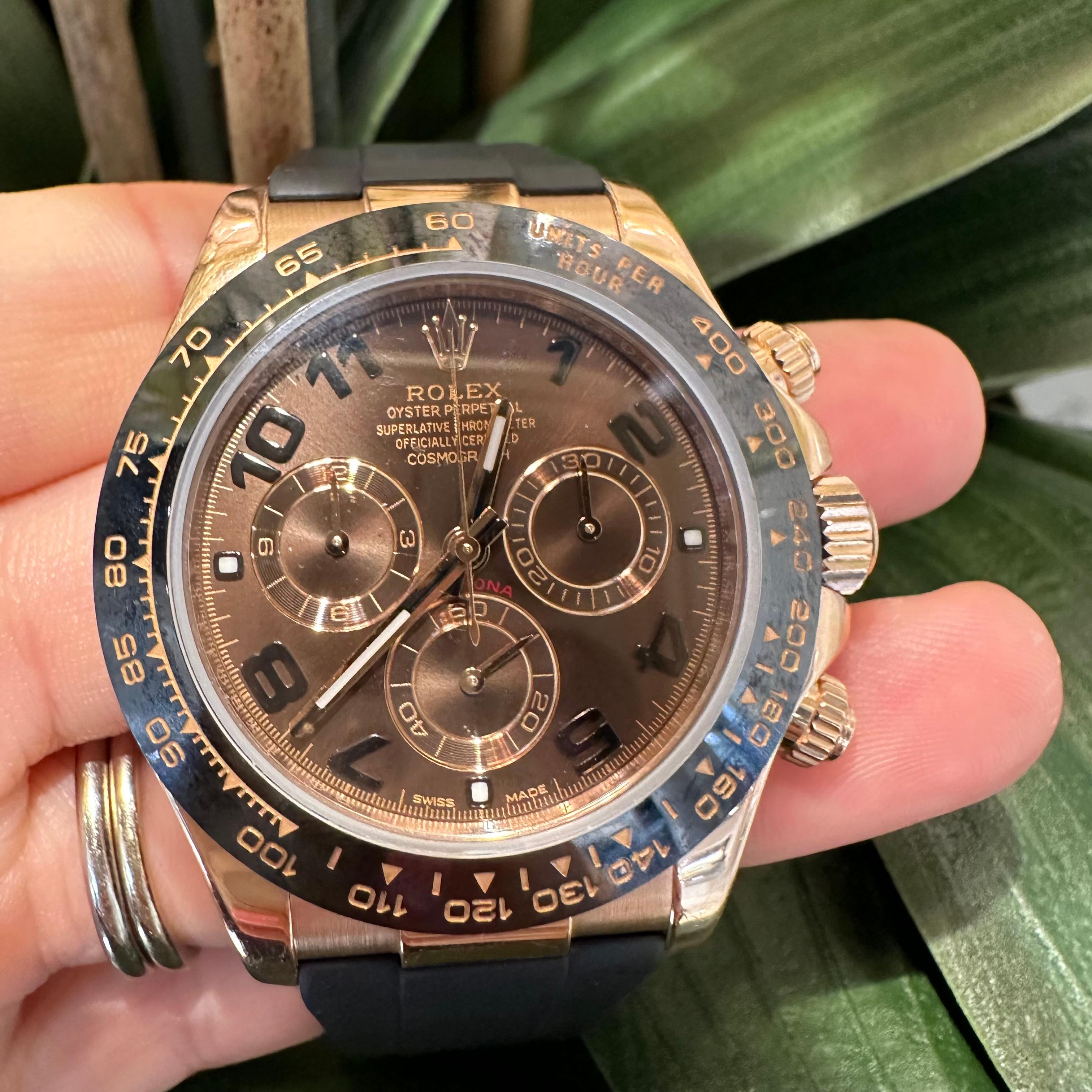 Brand: Rolex 

Model Name: Daytona

Model Number: 116519

Movement: Automatic

Case Size: 40  mm

Case Back: Closed 

Case Material:  Rose Gold

Bezel: Rose Gold 

Dial: Chocolate with Arabic hour markers

Bracelet: Rubber B 

Hour Markers: