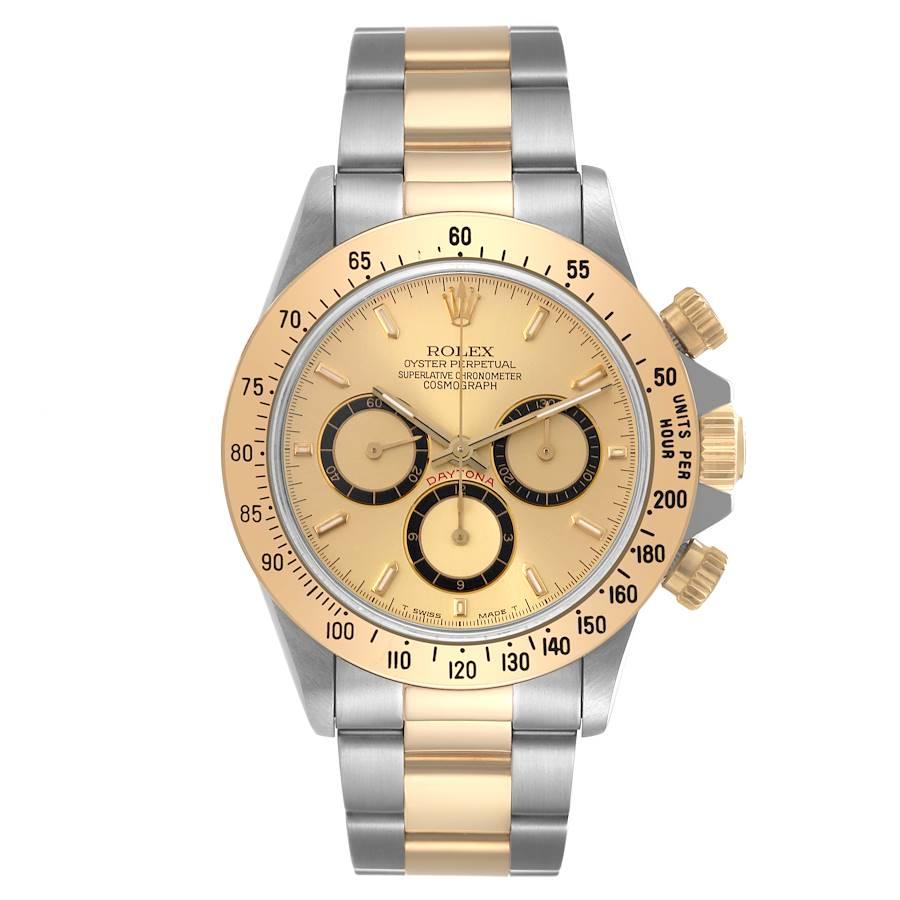 Rolex Daytona Inverted 6 200 Meter Chronograph Mens Watch 16523 Box Service Card. Officially certified chronometer self-winding movement. Stainless steel and 18K yellow gold case 40 mm in diameter. Special screw-down push buttons. 18K yellow gold