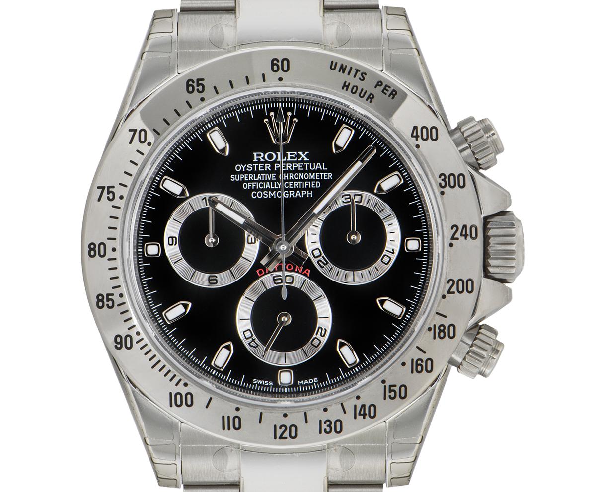 The predecessor to the 116500LN, this stainless steel unworn NOS Cosmograph Daytona by Rolex features a black dial. Featuring an engraved tachymetric scale, three chronograph counters and pushers, the Daytona was designed to be the ultimate timing