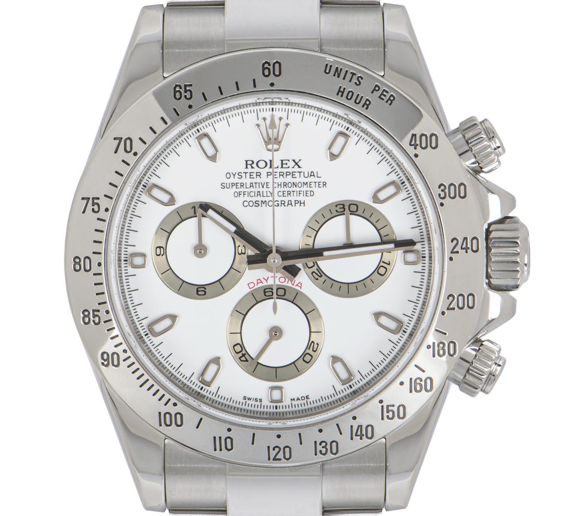 An unworn NOS Daytona in Oystersteel by Rolex, featuring a white dial. With an engraved tachymetric scale, three counters and pushers; the Daytona was designed to be the ultimate timing tool for endurance racing drivers.

The Oyster bracelet is