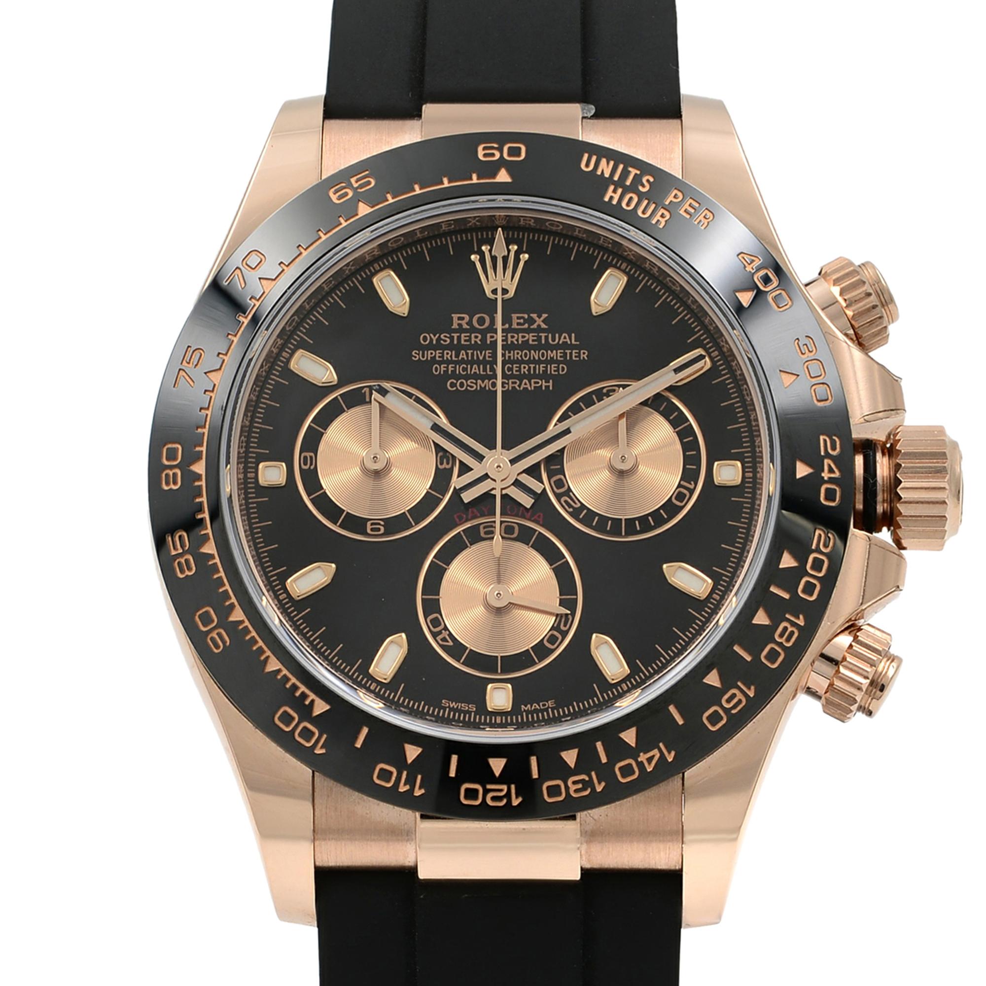 Brand	Rolex
Series	Daytona
Model	Cosmograph
Model Number	116515LN bkpof
Serial	Scrambled
Production Year	2019
Movement	Automatic Self Wind
Gender	Mens
Case Material	Rose Gold
Case Shape	Round
Case Diameter w/ crown	43mm
Case Diameter	40mm
Bezel