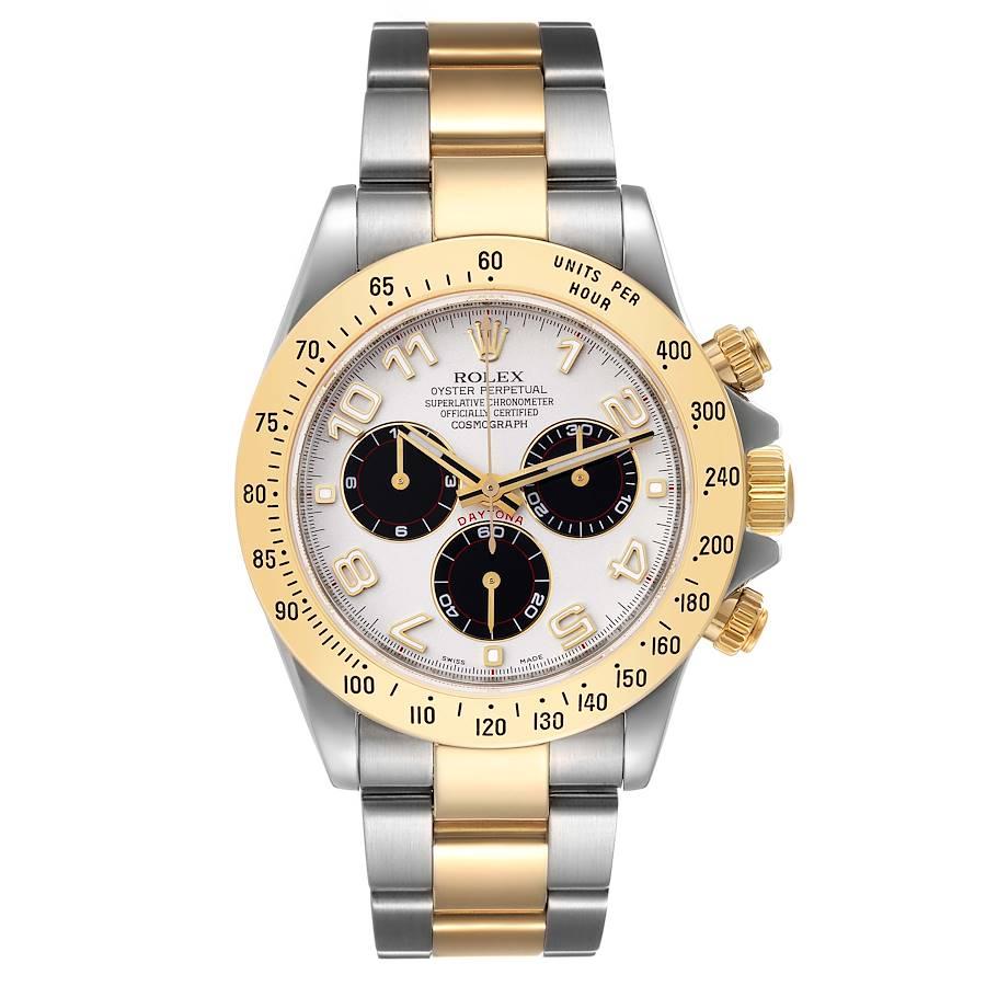 Rolex Daytona Panda Dial Steel Yellow Gold Mens Watch 116523 Box Card. Officially certified chronometer self-winding movement. Rhodium-plated, oeil-de-perdrix decoration, straight line lever escapement, monometallic balance adjusted to 5 positions,