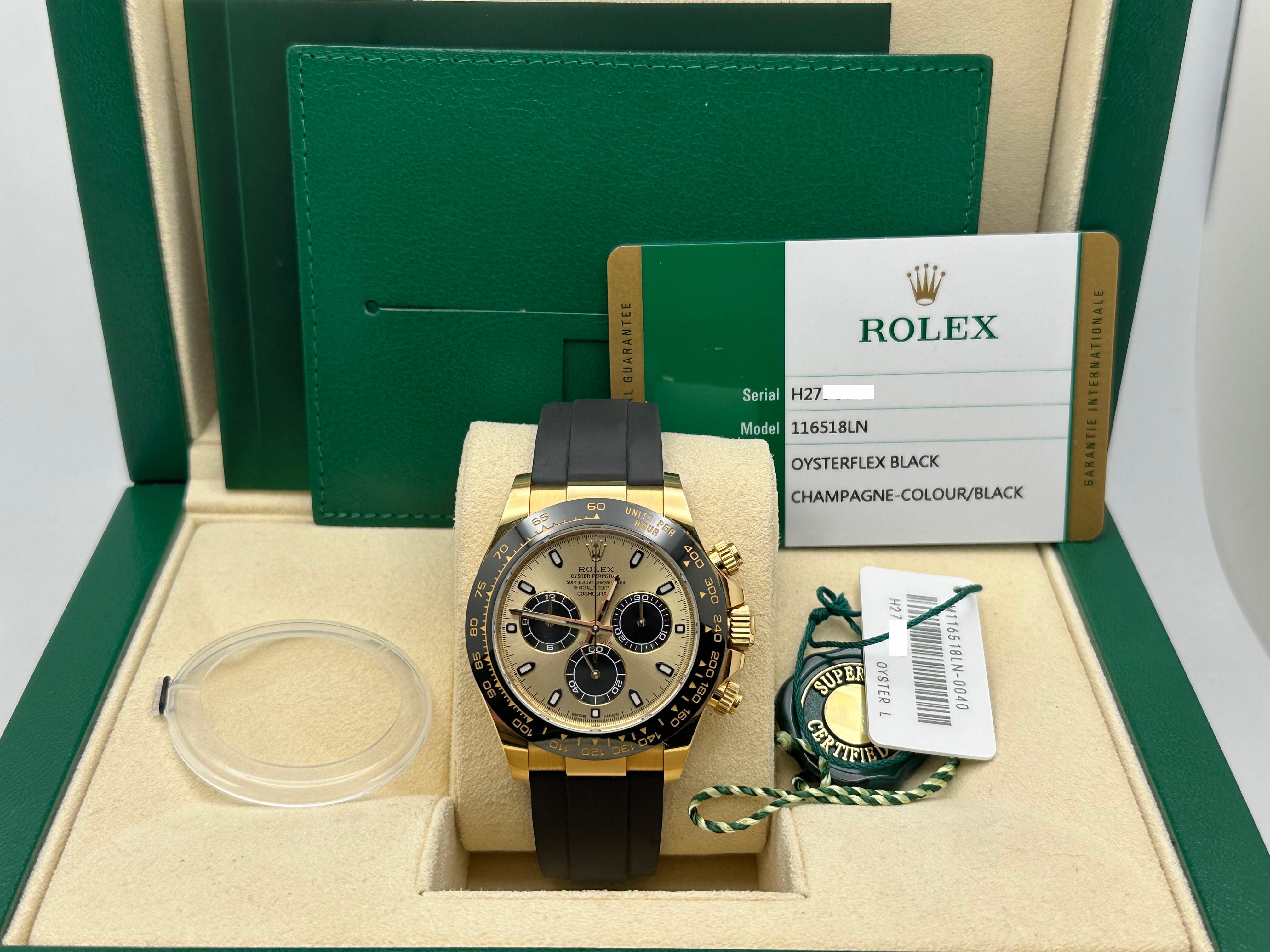 Style Number: 116518LN



Year: 2018

 

Model: Rolex Daytona Cosmograph 

 

Case Material: 18K Yellow Gold 

 

Band: Rolex Oysterflex Band (Black Rubber)

  

Bezel: Black Ceramic 

  

Dial: Factory Original 