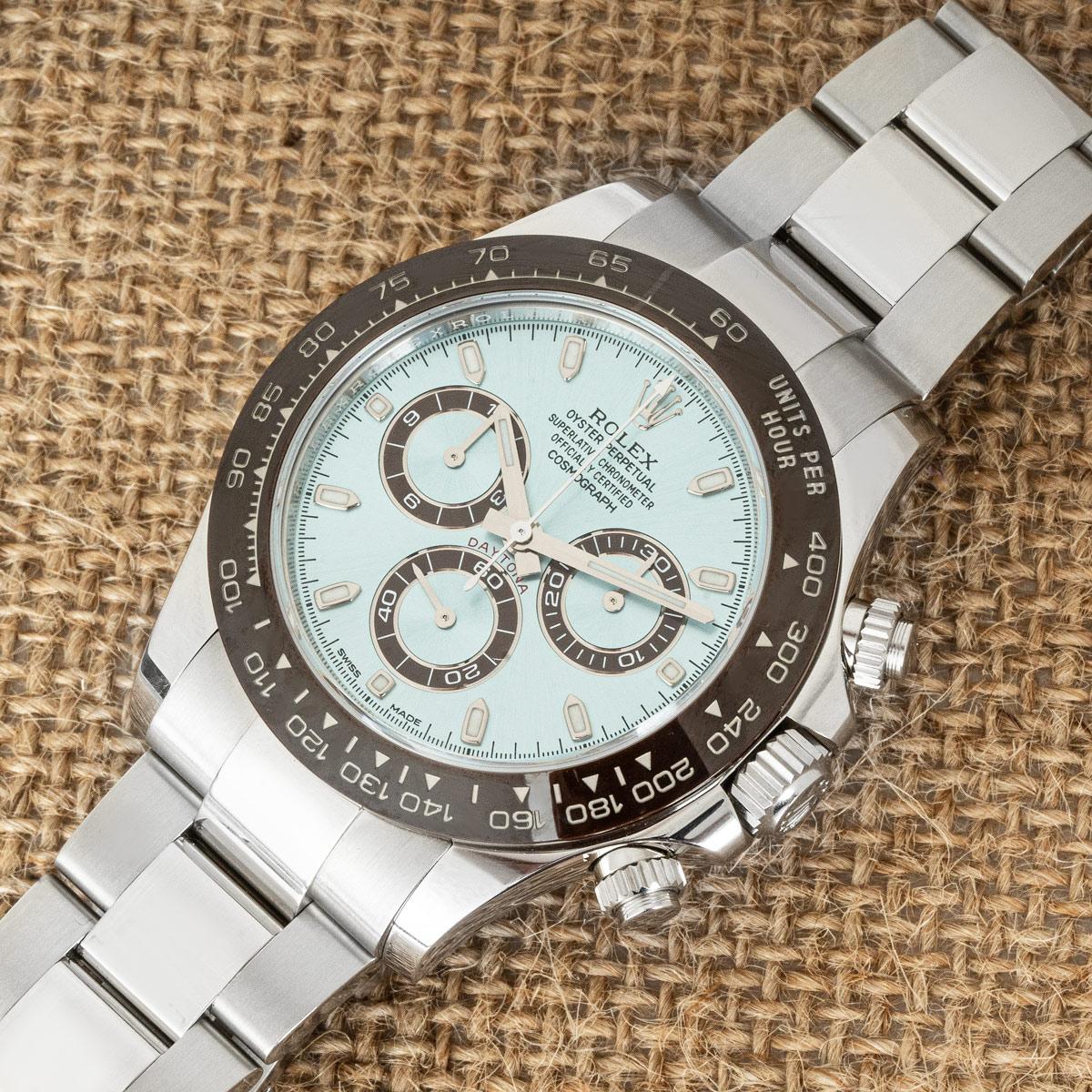 An unworn Daytona, in platinum by Rolex. Features an ice blue dial which is the exclusive signature of a Rolex platinum timepiece. With its tachymetric scale on the chestnut brown ceramic bezel, three small counters, and pushers, this is a