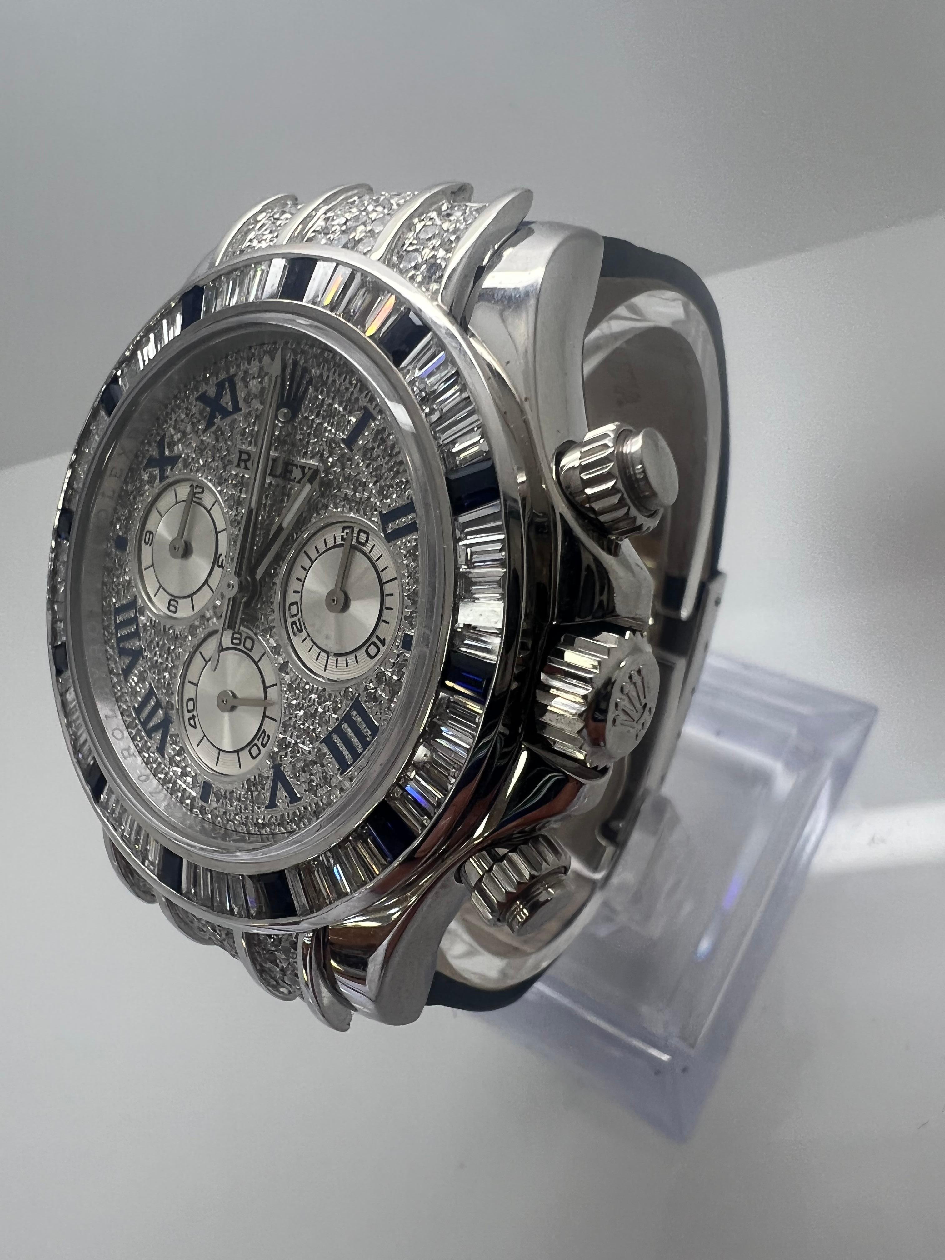 Rolex Daytona Platinum Diamond Men's Watch

all original Rolex parts except custom Diamond dial and diamonds on case

excellent condition

comes with original box and paperwork

shop with confidence
