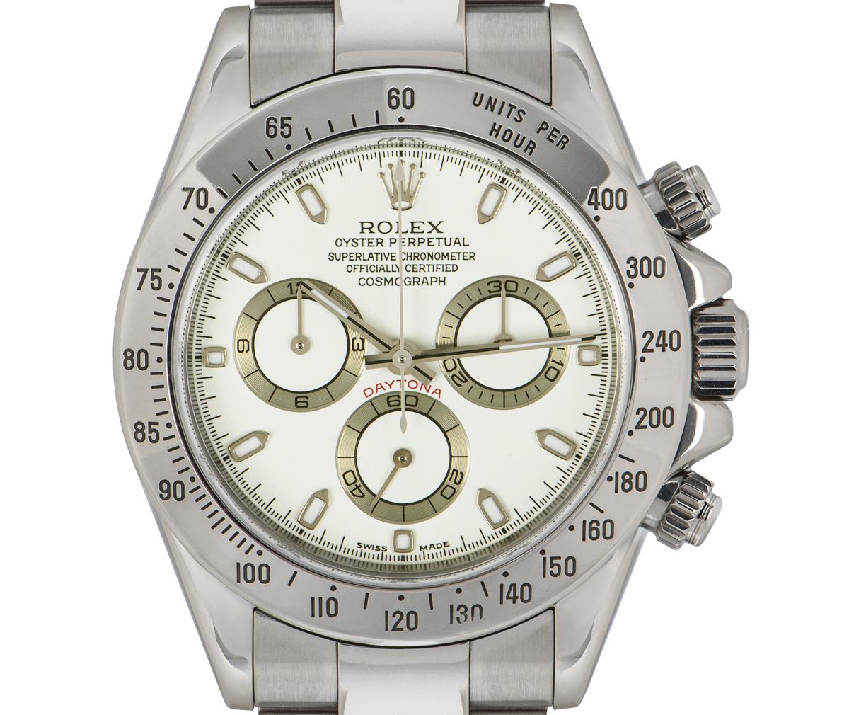A men's wristwatch in stainless steel, by Rolex. Featuring an extremely desirable yet rare Panna cream dial, found only in a fairly tight serial range. With an engraved tachymetric scale, three counters and pushers; the Daytona was designed to be