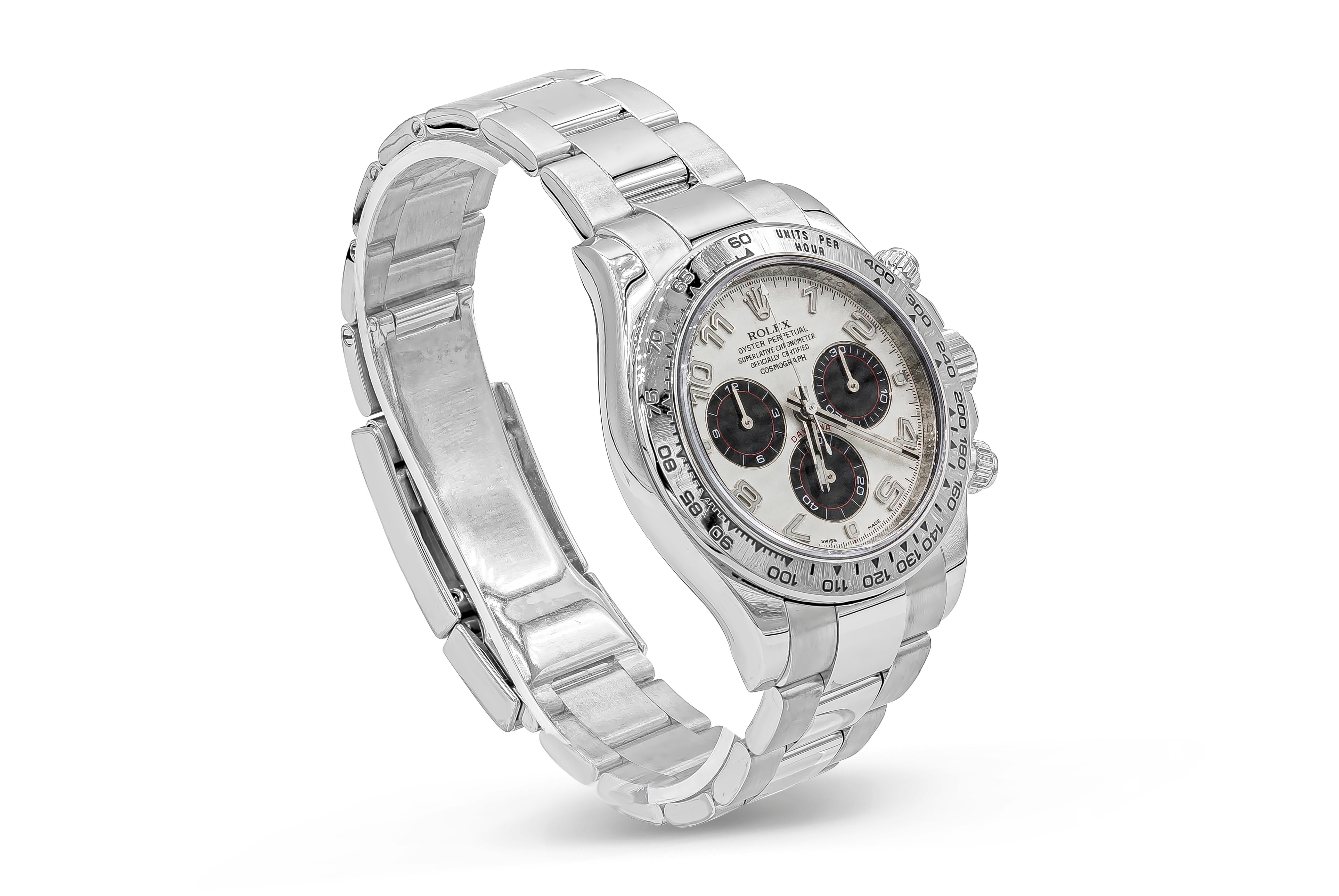 Rolex Daytona Chronograph Reference 116509. This watch has became one of the most iconic watches Rolex has ever made and is sought after all over the world At the heart of this 40 mm 18k white gold watch case with an engraved tachymeter bezel. With