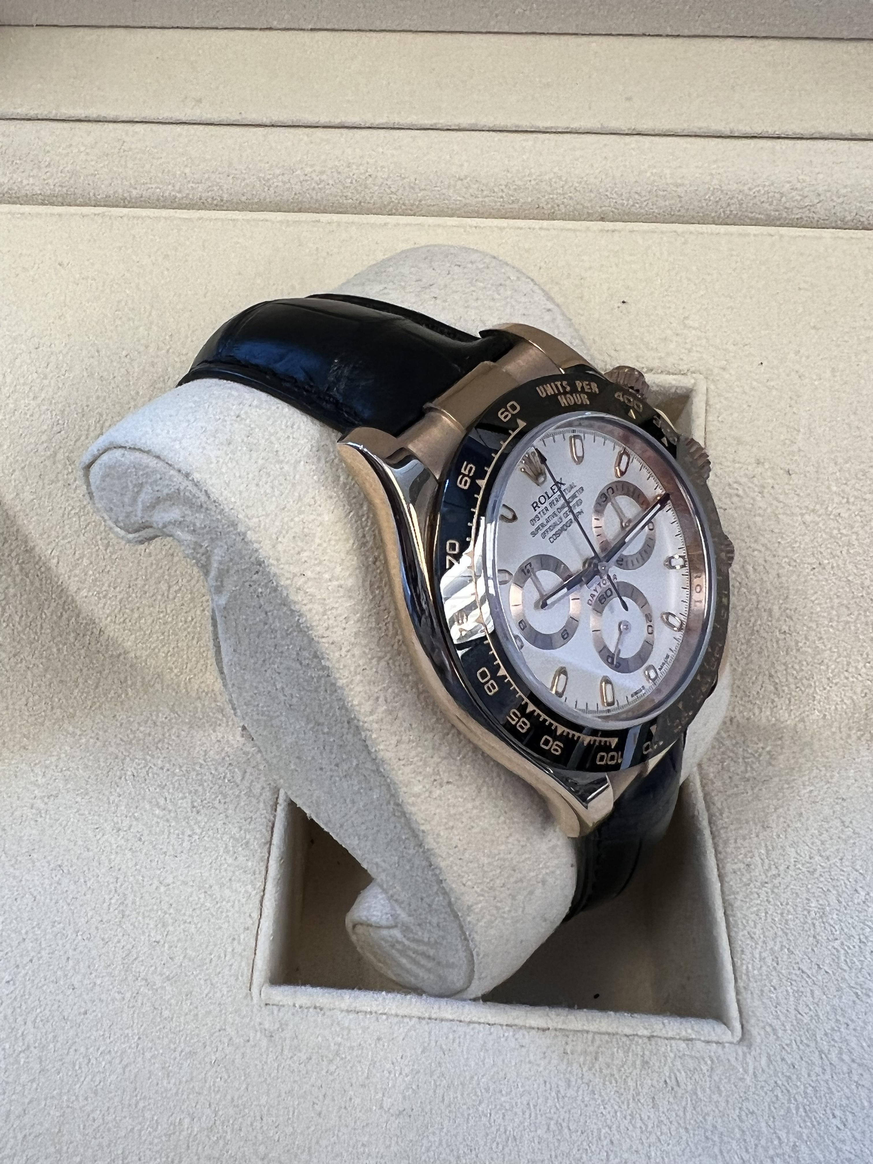 Contemporary Rolex Daytona Rose Gold White Dial Black Strap For Sale