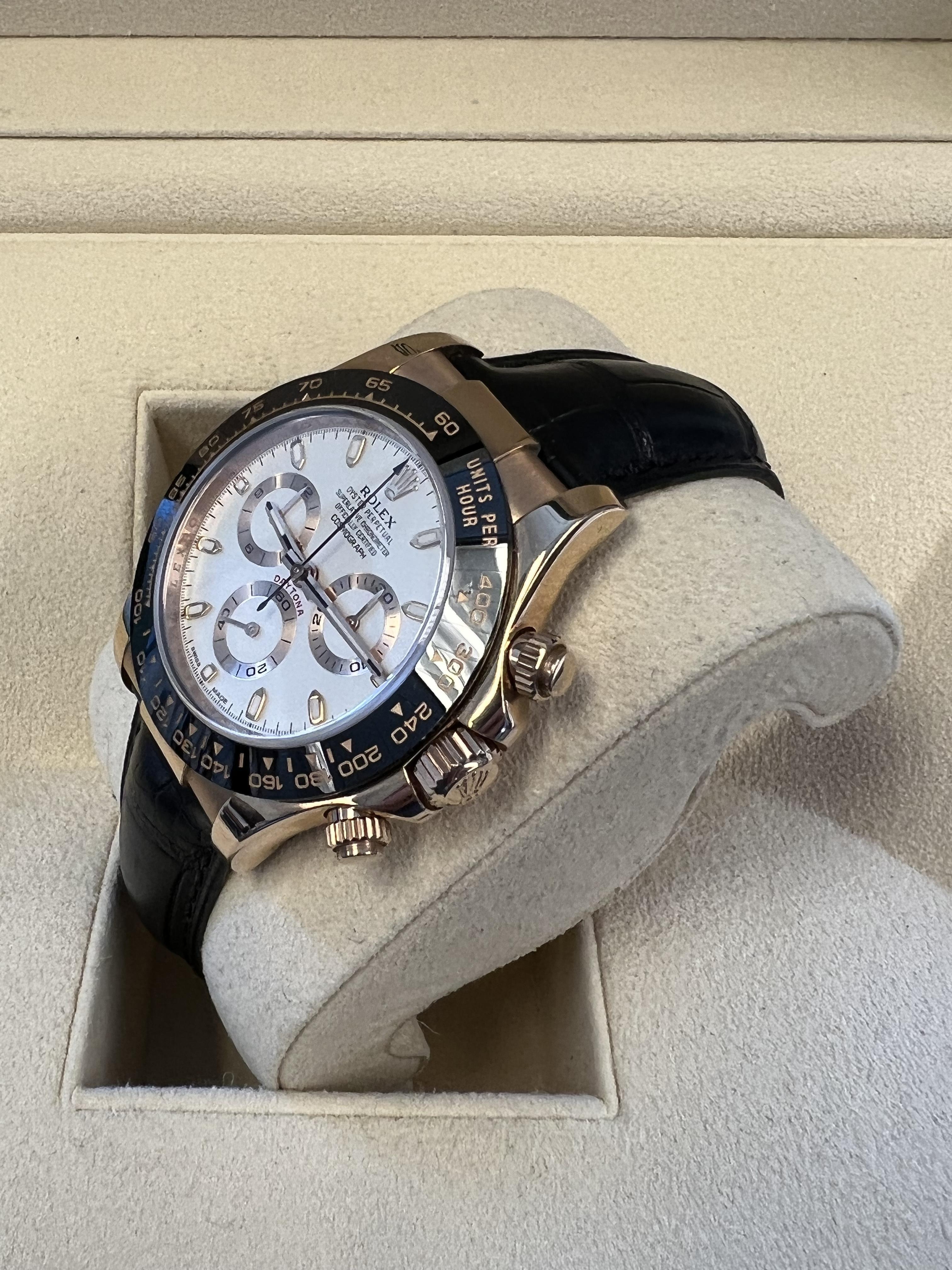 Rolex Daytona Rose Gold White Dial Black Strap In Excellent Condition For Sale In BEVERLY HILLS, CA