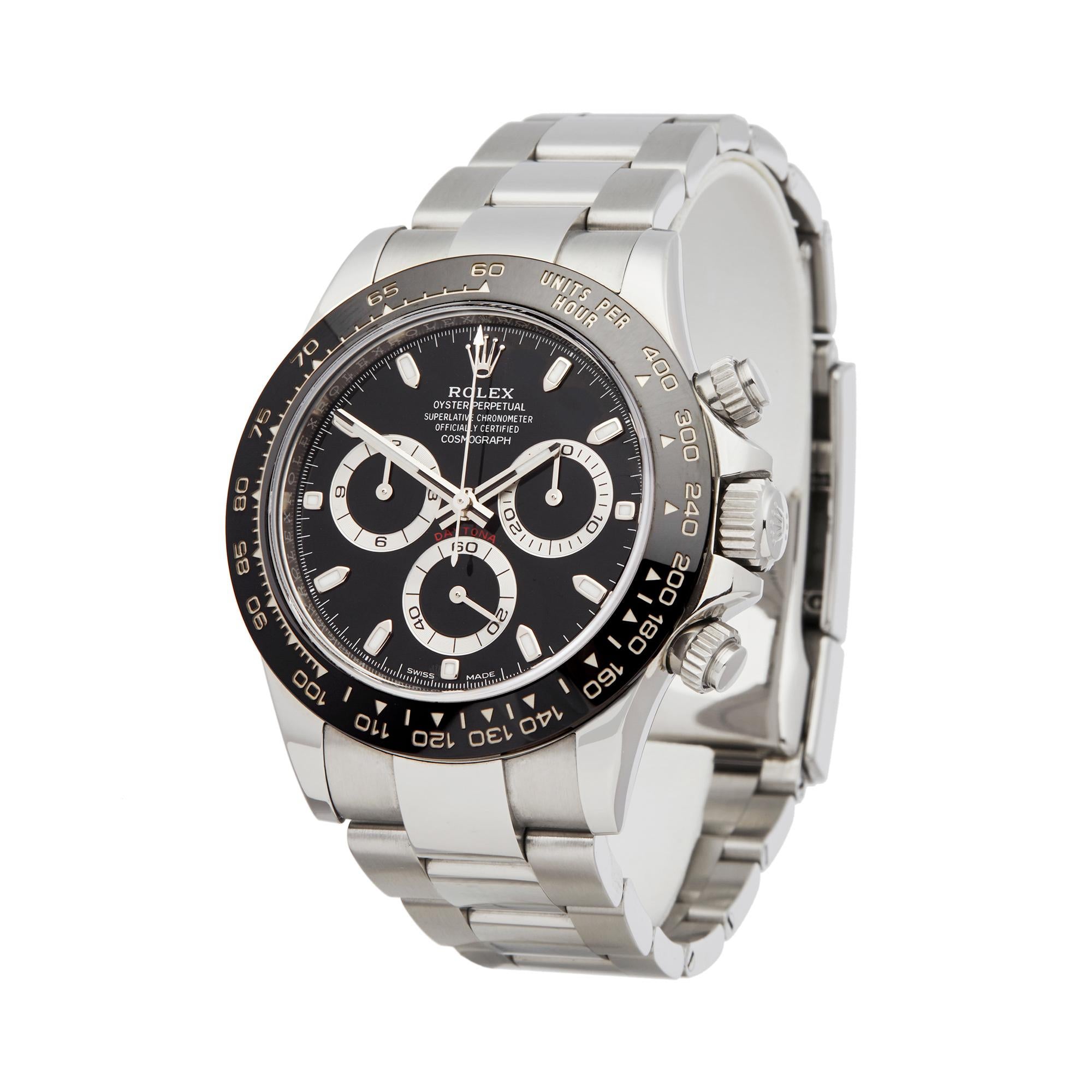Reference: W5772
Manufacturer: Rolex
Model: Daytona
Model Reference: 116500LN
Age: 13th November 2016
Gender: Men's
Box and Papers: Box, Manuals and Guarantee
Dial: Black Baton
Glass: Sapphire Crystal
Movement: Automatic
Water Resistance: To