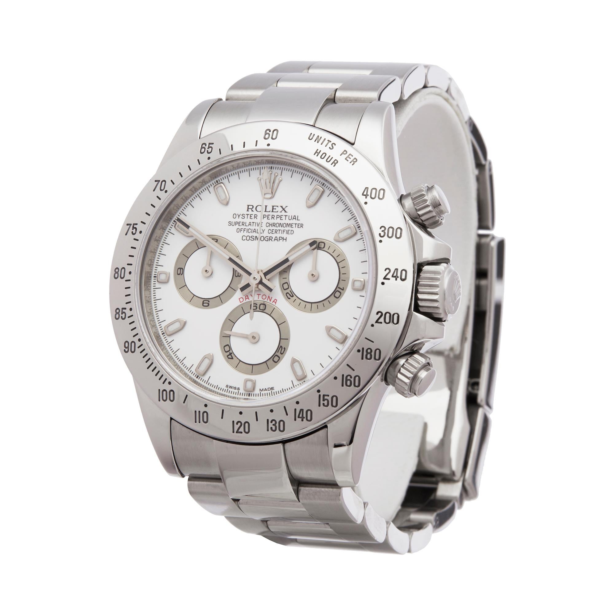 Ref: W5778
Manufacturer: Rolex
Model: Daytona
Model Ref: 116520
Age: 27th April 2011
Gender: Mens
Complete With: Box & Guarantee
Dial: White Baton
Glass: Sapphire
Movement: Automatic
Water Resistance: To Manufacturers Specifications
Case: Stainless