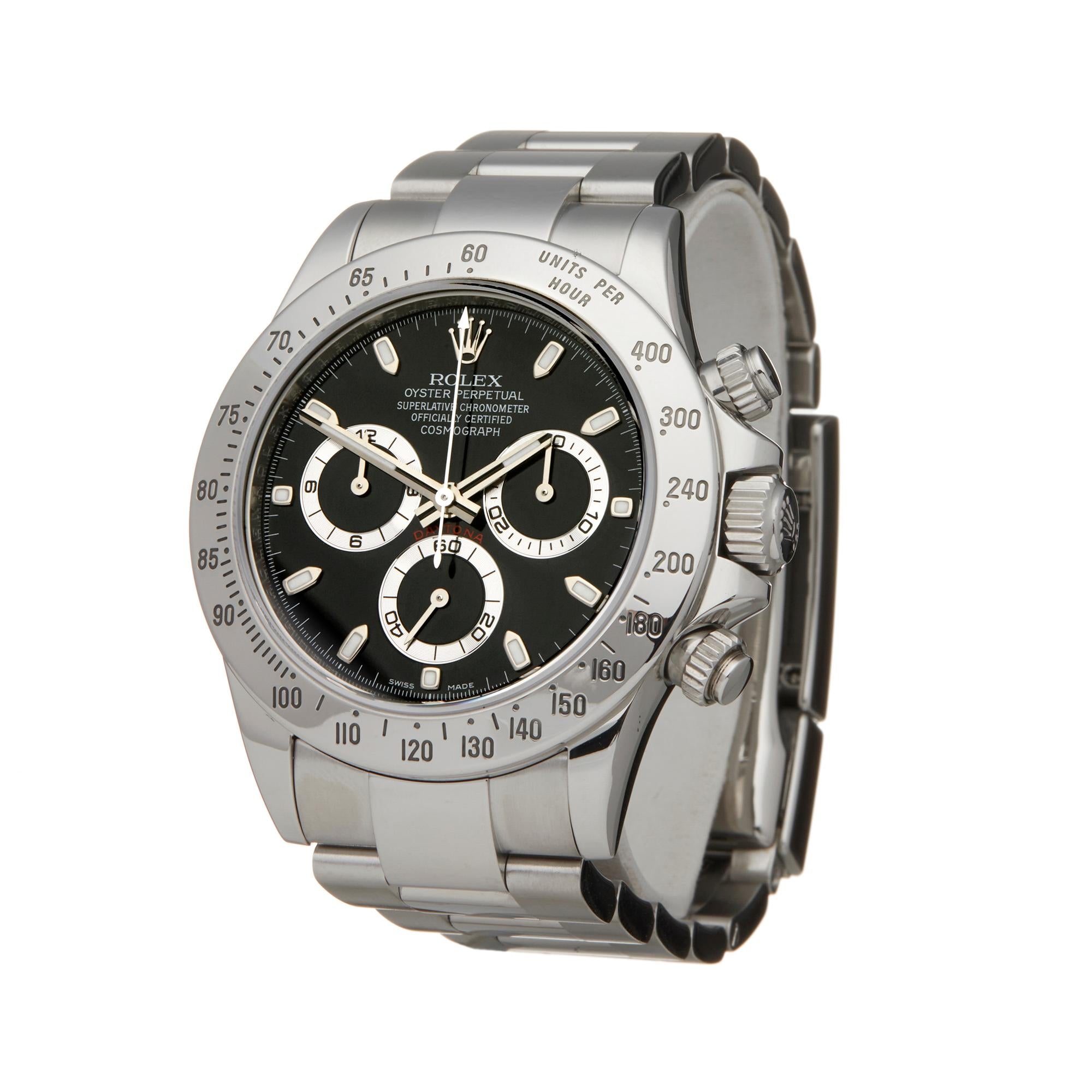Reference: W6060
Manufacturer: Rolex
Model: Daytona
Model Reference: 116520
Age: 13th February 2013
Gender: Men's
Box and Papers: Box, Guarantee and Swing Tags
Dial: Black Baton
Glass: Sapphire Crystal
Movement: Automatic
Water Resistance: To