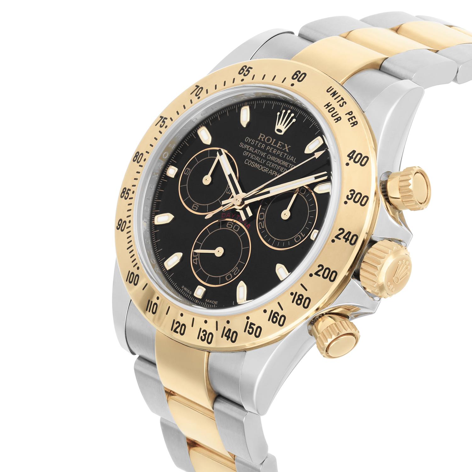 Modern Rolex Daytona Stainless Steel Yellow Gold Black Dial Mens Watch 116523 For Sale
