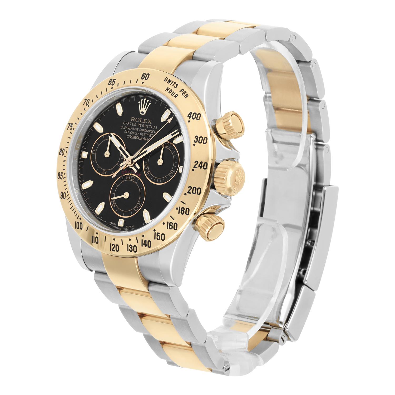 Rolex Daytona Stainless Steel Yellow Gold Black Dial Mens Watch 116523 In Excellent Condition For Sale In New York, NY