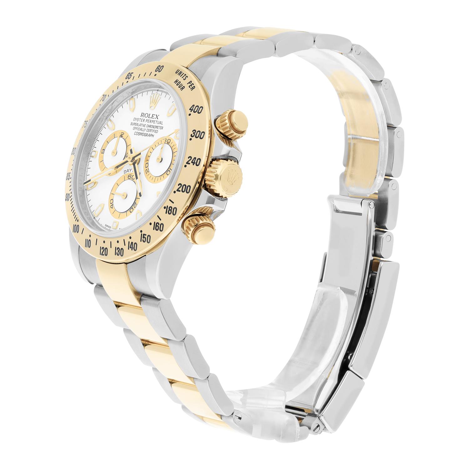 Rolex Daytona Edelstahl Gelbgold Weißes Zifferblatt Herrenuhr 116523 komplett im Zustand „Hervorragend“ im Angebot in New York, NY