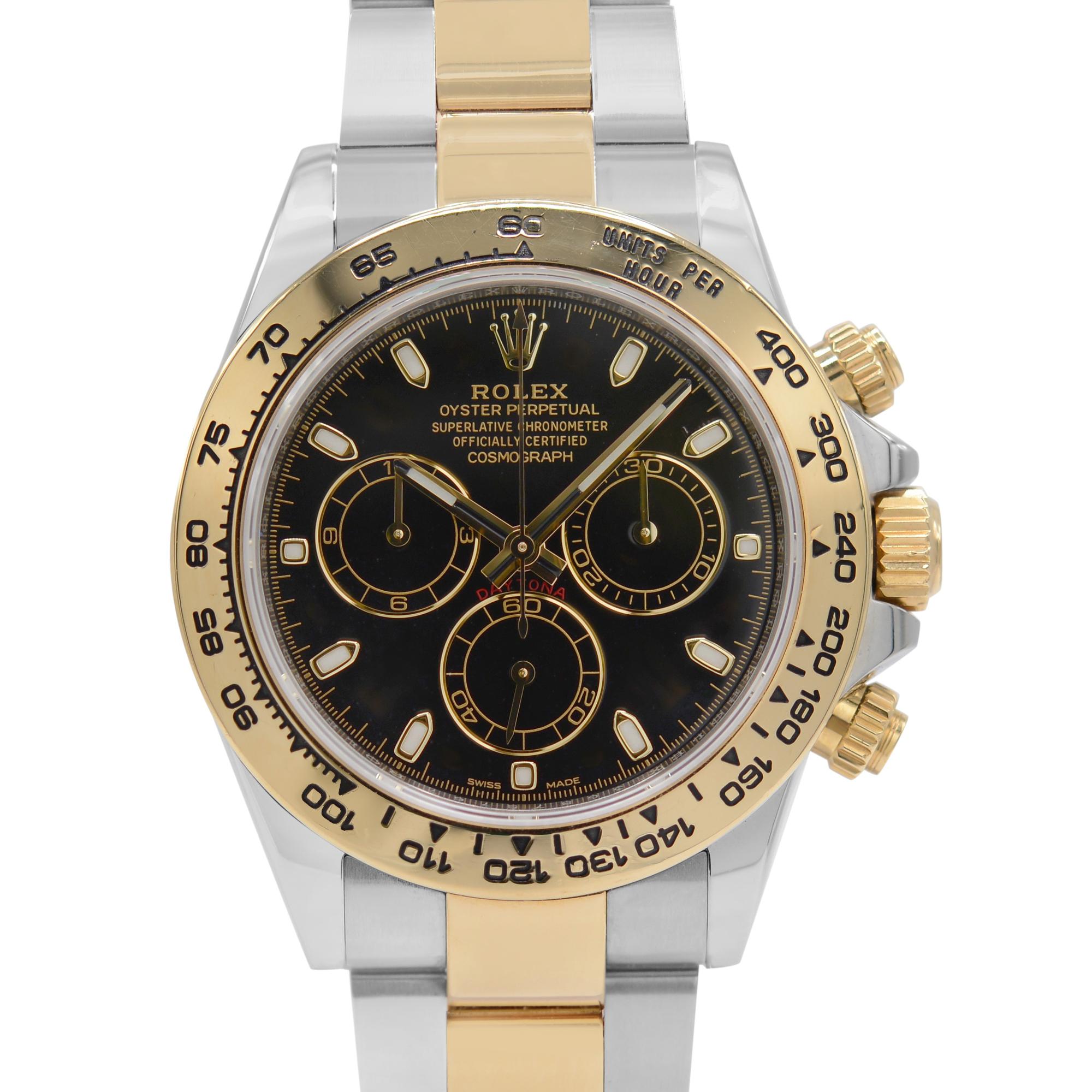 Pre-Owned Rolex Daytona Steel 18K Yellow Gold Black Dial Mens Automatic Watch 116503. The Watch is powered by an Automatic Movement and Features: Polished Steel Round Case. Stainless Steel and 18k Yellow Gold Rolex Oyster Bracelet. Fixed 18k Yellow
