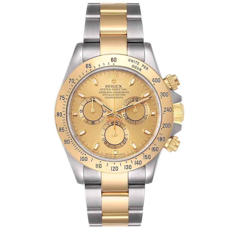Rolex Daytona Steel 18K Yellow Gold Champagne Dial Mens Watch 116523. Officially certified chronometer self-winding movement. Rhodium-plated, oeil-de-perdrix decoration, straight line lever escapement, monometallic balance adjusted to 5 positions,
