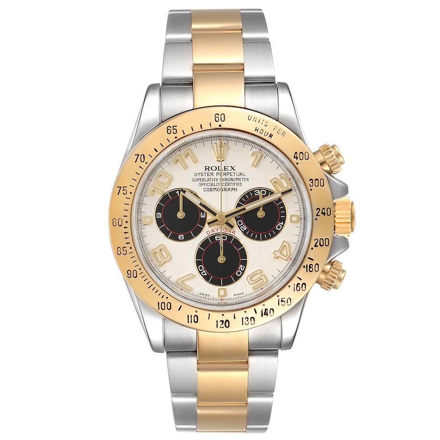 Rolex Daytona Steel 18k Yellow Gold Panda Dial Mens Watch 116523. Officially certified chronometer self-winding movement. Rhodium-plated, oeil-de-perdrix decoration, straight line lever escapement, monometallic balance adjusted to 5 positions, shock