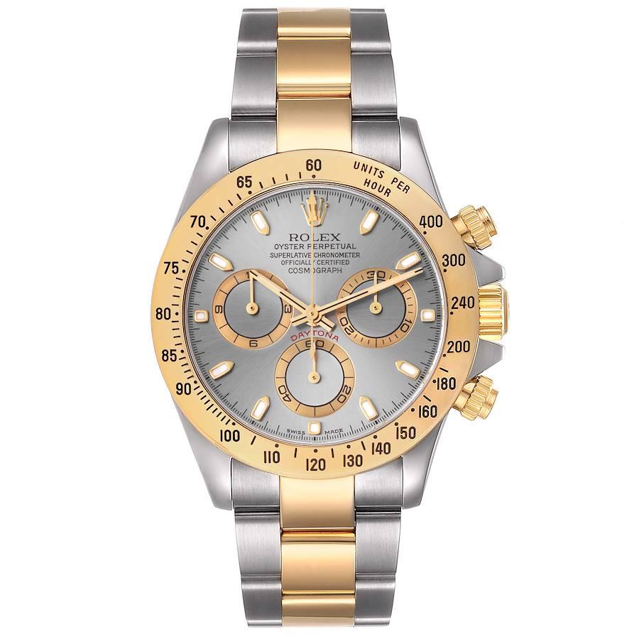 Rolex Daytona Stahl 18k Gelbgold Schiefer Zifferblatt Herrenuhr 116523 Box Papiere. Offiziell zertifiziertes Chronometerwerk mit automatischem Aufzug. Rhodiniert, Oeil-de-perdrix-Dekor, geradlinige Ankerhemmung, monometallische Unruh mit 5