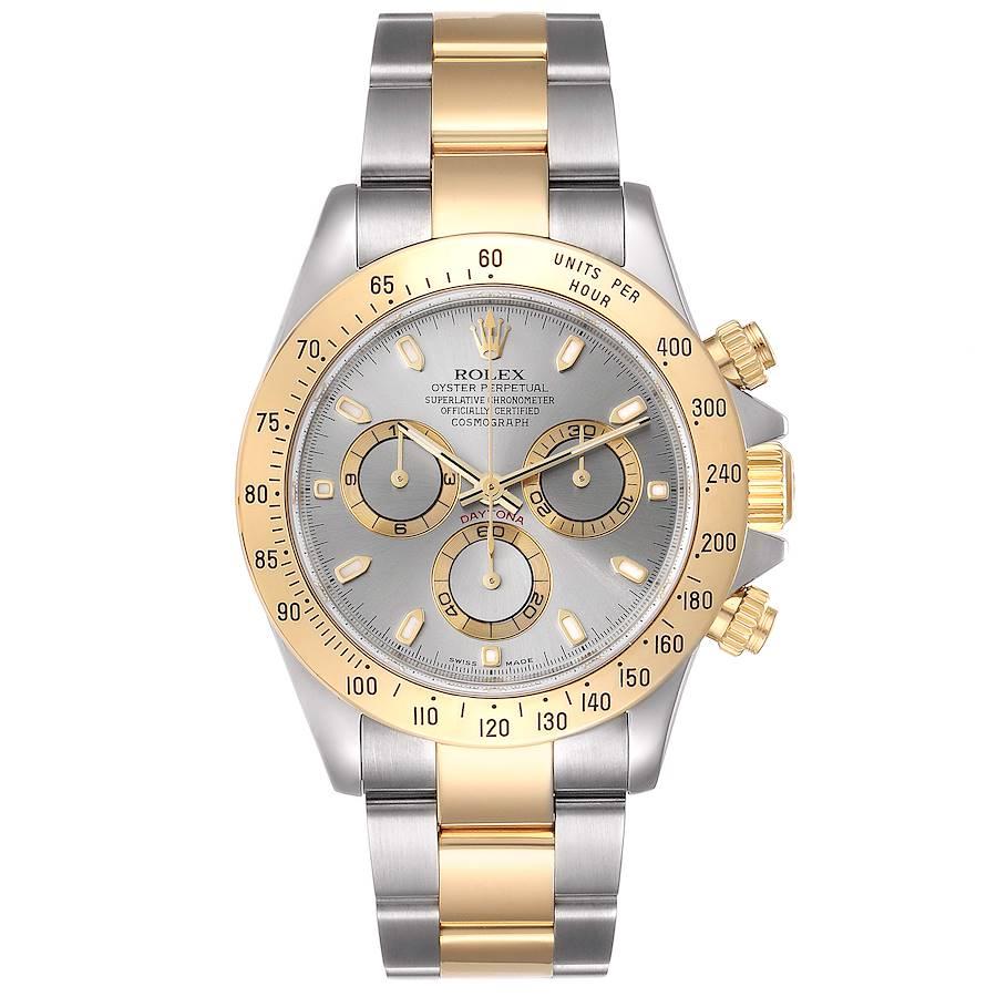 Rolex Daytona Steel 18k Yellow Gold Slate Dial Mens Watch 116523. Officially certified chronometer self-winding movement. Rhodium-plated, oeil-de-perdrix decoration, straight line lever escapement, monometallic balance adjusted to 5 positions, shock