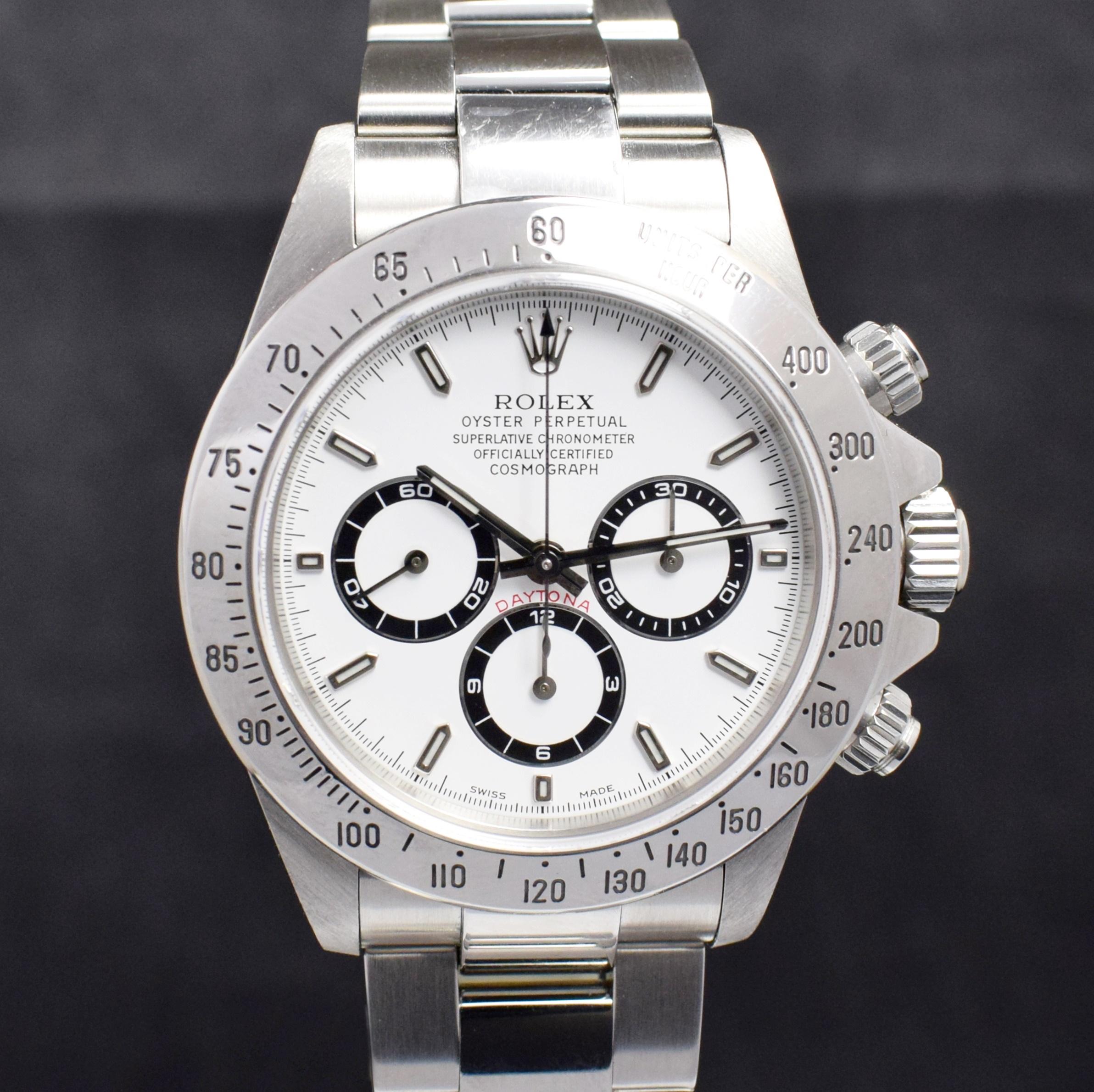 Rolex Daytona Stahlweißes Zifferblatt 16520 Cosmograph Chronograph Uhr & Papier, 1998 für Damen oder Herren