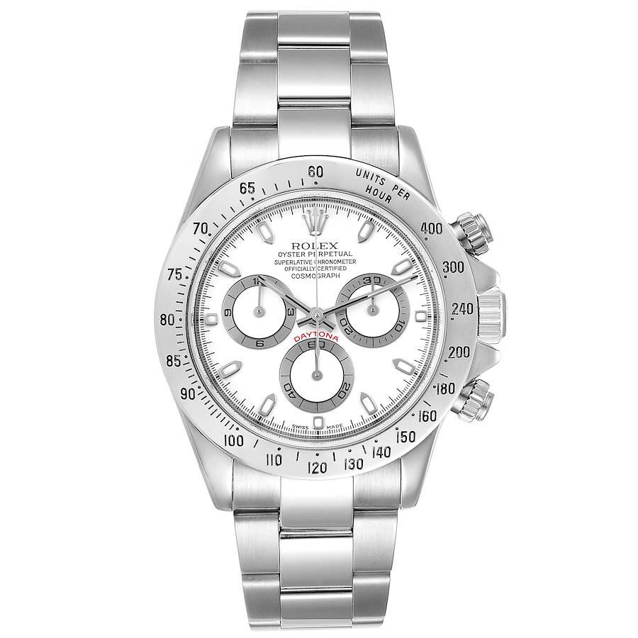 Rolex Daytona Steel White Dial Chronograph Mens Watch 116520. Officially certified chronometer self-winding movement. Stainless steel case 40.0 mm in diameter. Special screw-down push buttons. Stainless steel tachymeter engraved bezel. Scratch